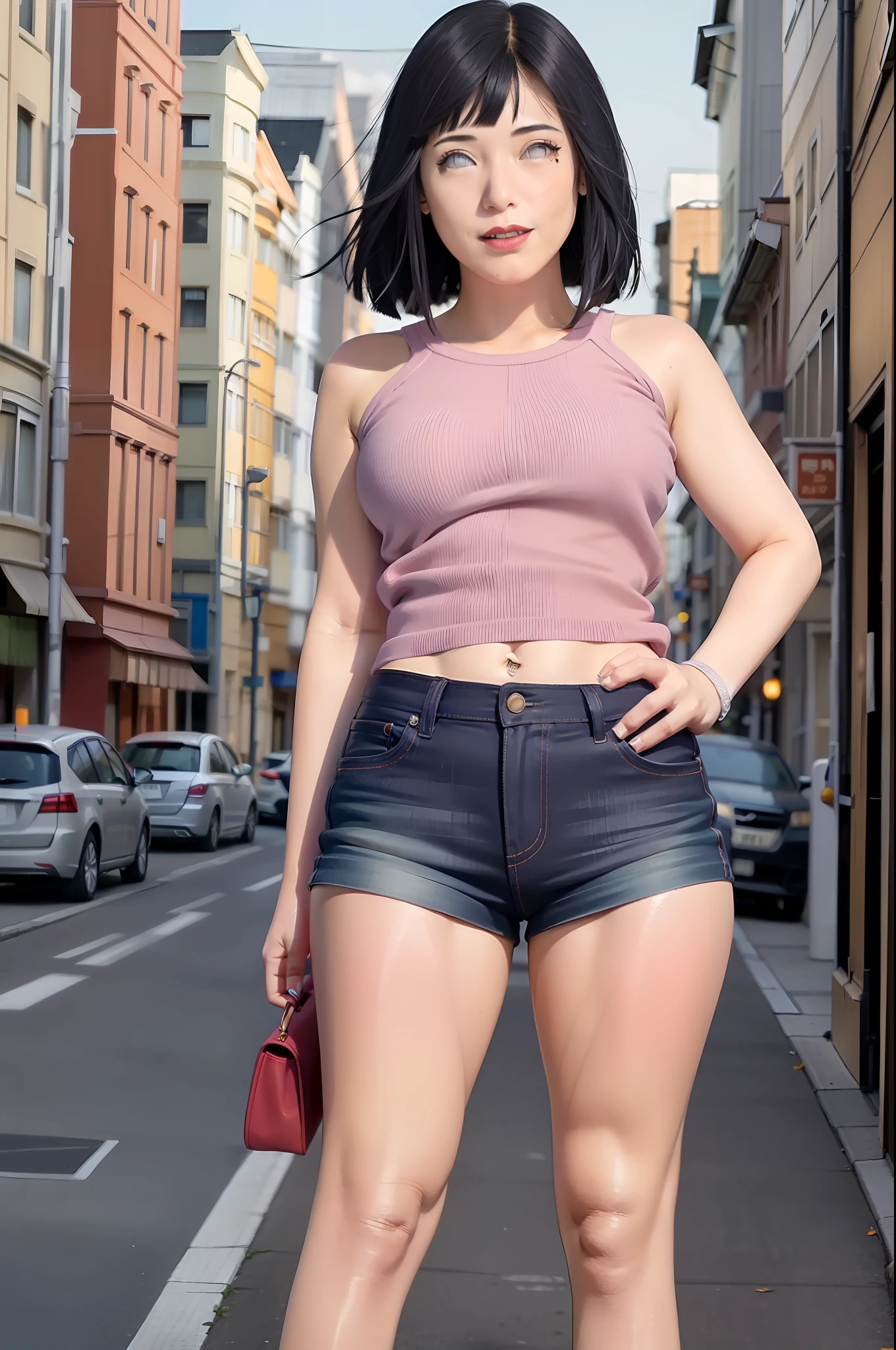 Female, standing on city, wearing pink hotpants, smile, Dark blue hair, red lips, photorealistic, masterpiece