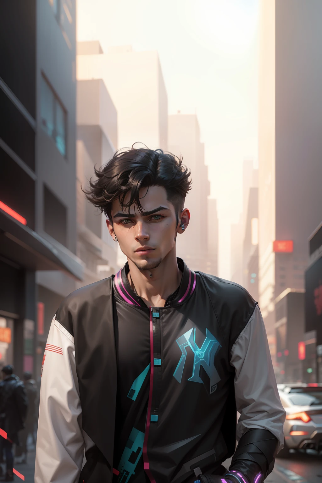 Change background cyberpunk handsome boy. Realistic face, 8k ultra realistic