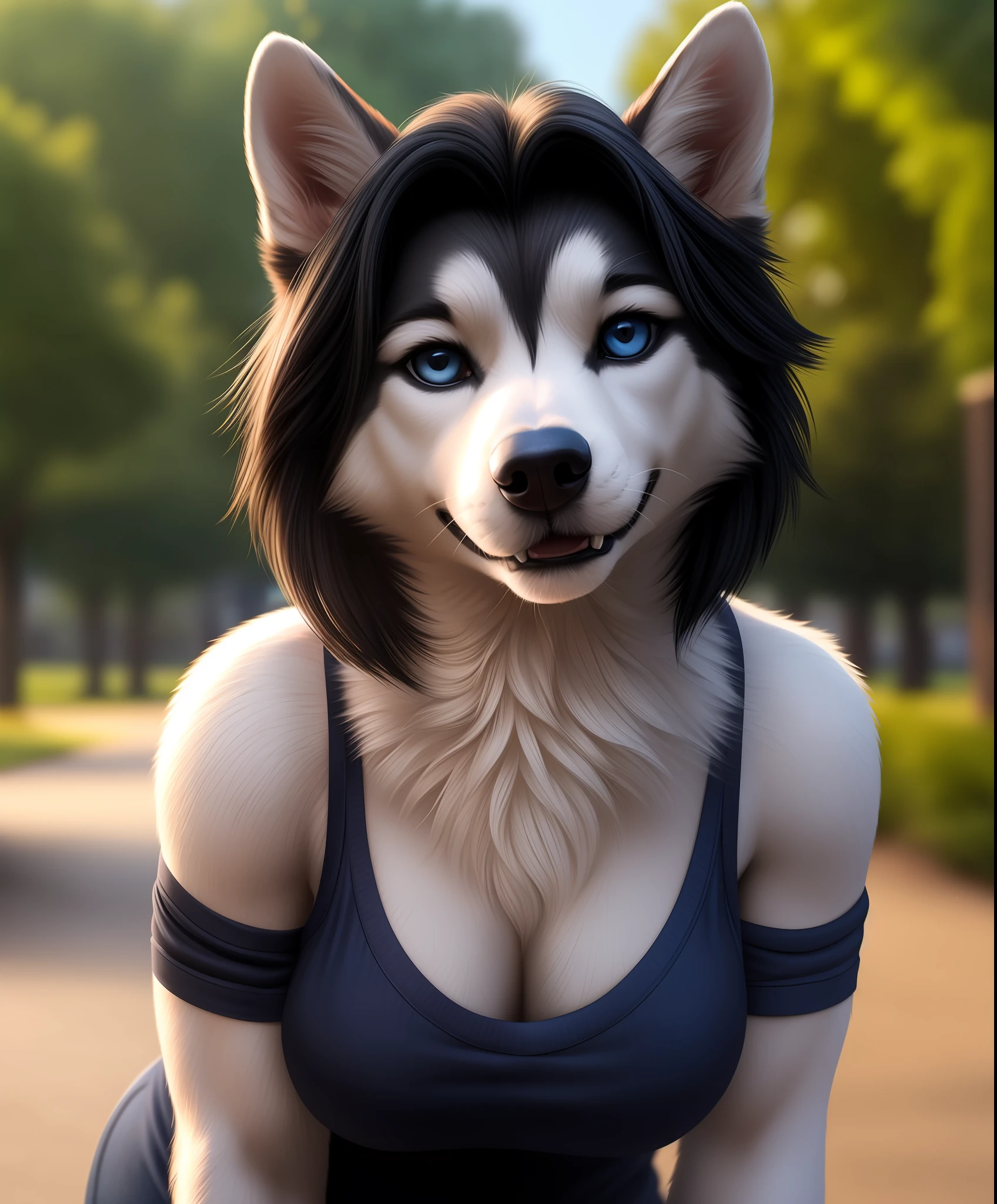 (realistic, photorealistic RAW Photo:1.4), full body image, detailed public park setting, warm lighting, (solo:1.3)
BREAK, facing the viewer, 20 years old, anthro dog husky female with black and white fur, muscular, lean build, long fluffy dog tail, bright blue eyes, small breasts, (short black hair, Monroe bob), blushing, dog snout, dog teeth, fangs, smiling, (realistic fur, hairy fur, wiry hair over body, fur over body, detailed fur texture), (wearing a black t-shirt, wearing blue jeans), large butt, wide hips, paws, claws, pink paw pads