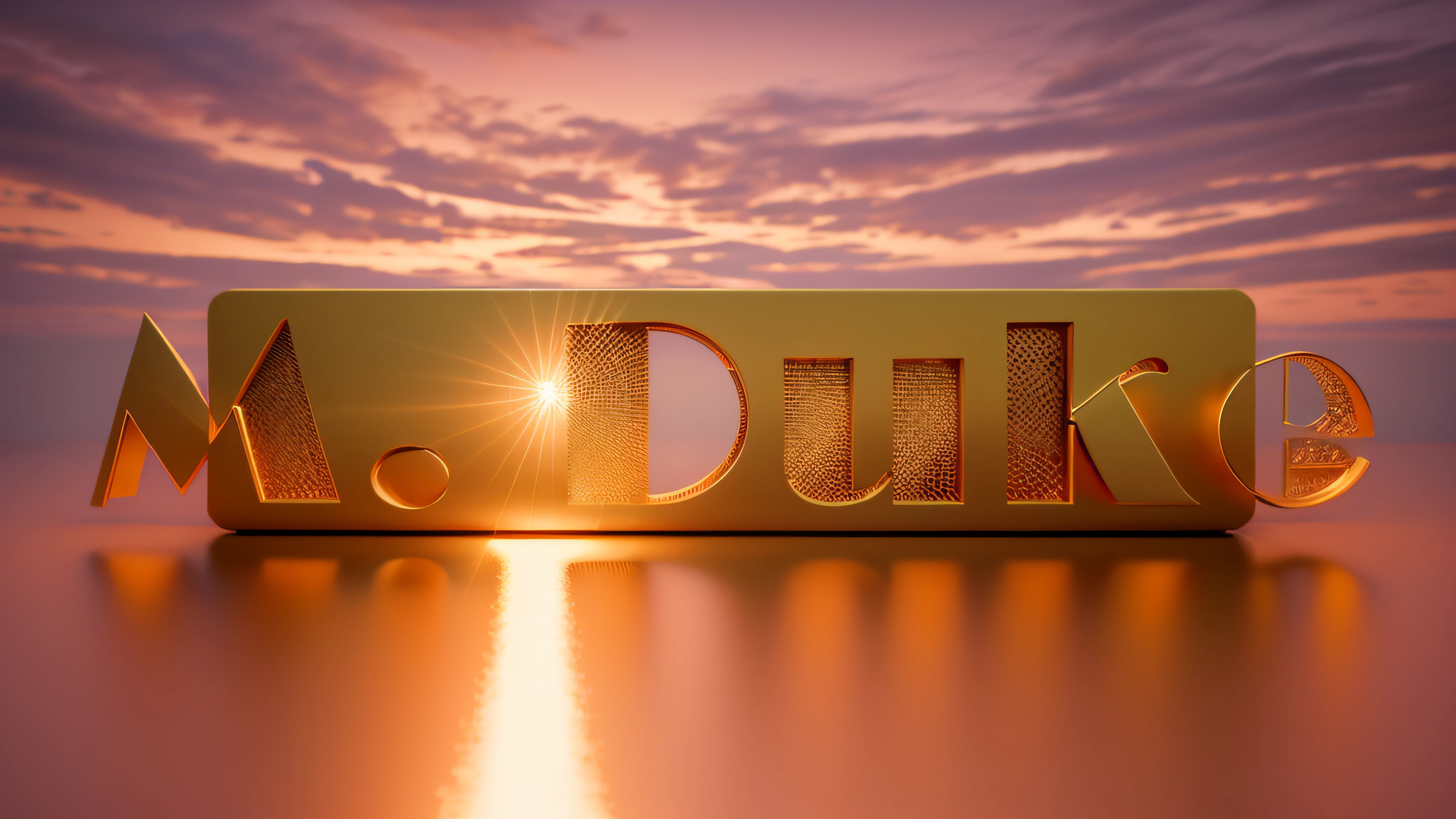 Luxury logo with the title M. duque, 3D-rendering, 8k, NVIDIA, ray-traced, Bokeh, Fulgurar, luz e sombras realistas, nuvens noturnas, pegue a chave, Sinalizadores, obscuridade, blur, setting sun,