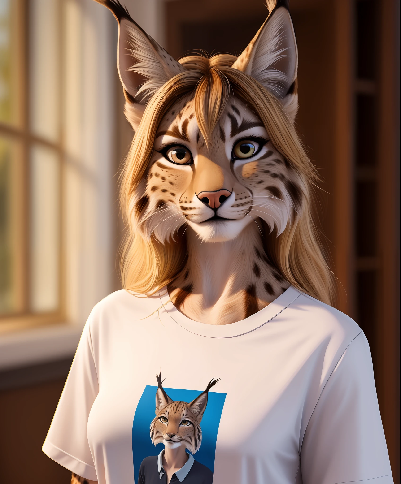 masterpiece, realistic, professional photo, female anthropomorphic lynx, t-shirt, detailed fur, (furry body:1.2), pretty face, detailed hair,