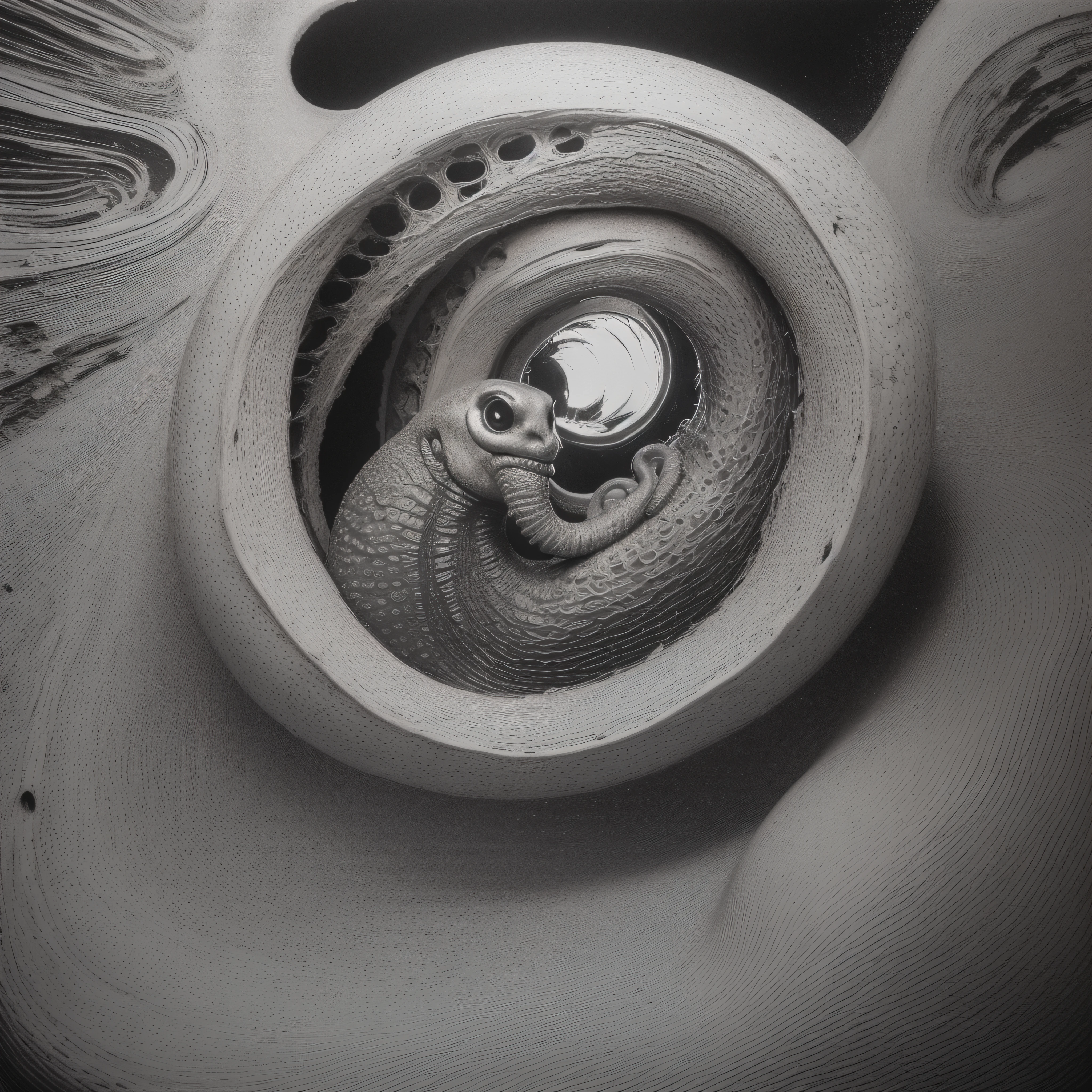 (extremadamente detallado, obra maestra, La mejor calidad), Estilo oscuro, intense illumination, rostro con arrugas, lengua larga, tentacle, deforme, monstruoso, interior de una piscina de agua verdosa, imagen submarina, alien con Colmillos finos, pico de pulpo amenazante. manchas de tinta. Rococo composition. Luz de caravaggio
