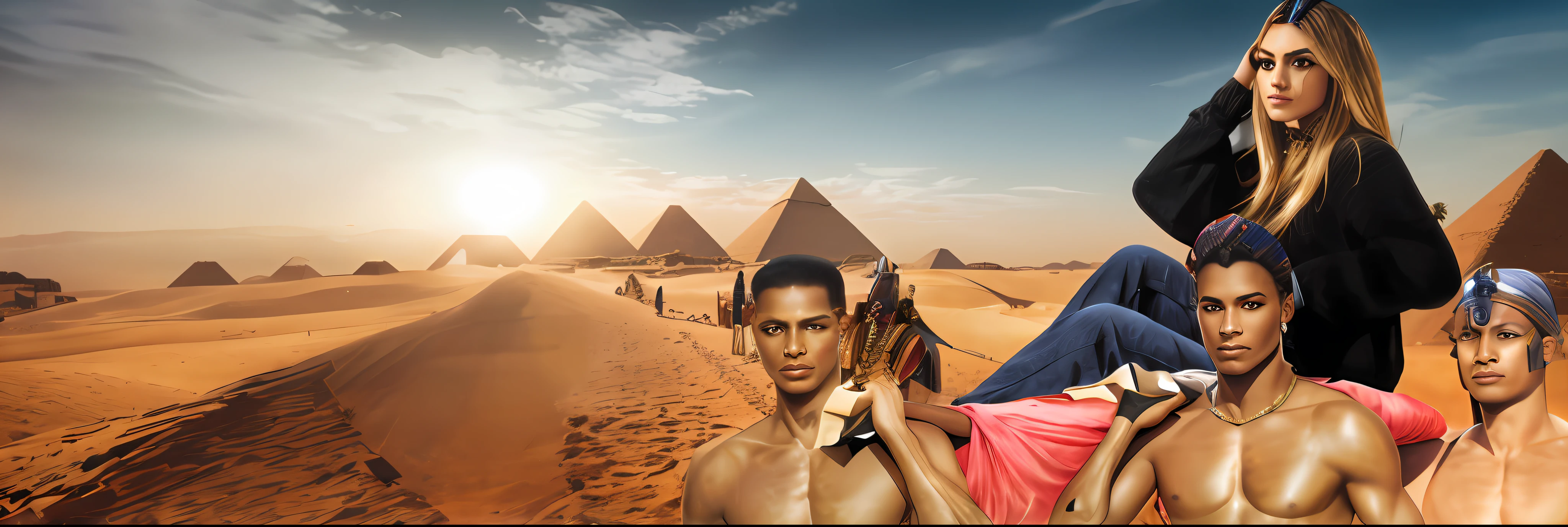Cleopatra being carried in a palanquin by slaves, pyramids in the background, the egyptian god, Egito, kemetic, Egyptian, pyramids in background, egypt themed art, egyptian warrior, egyptian atmosphere, Pyramids, egyptian setting, black emma watson as egyptian, pyramids of egypt, Kemetic symbolism, pyramids style
