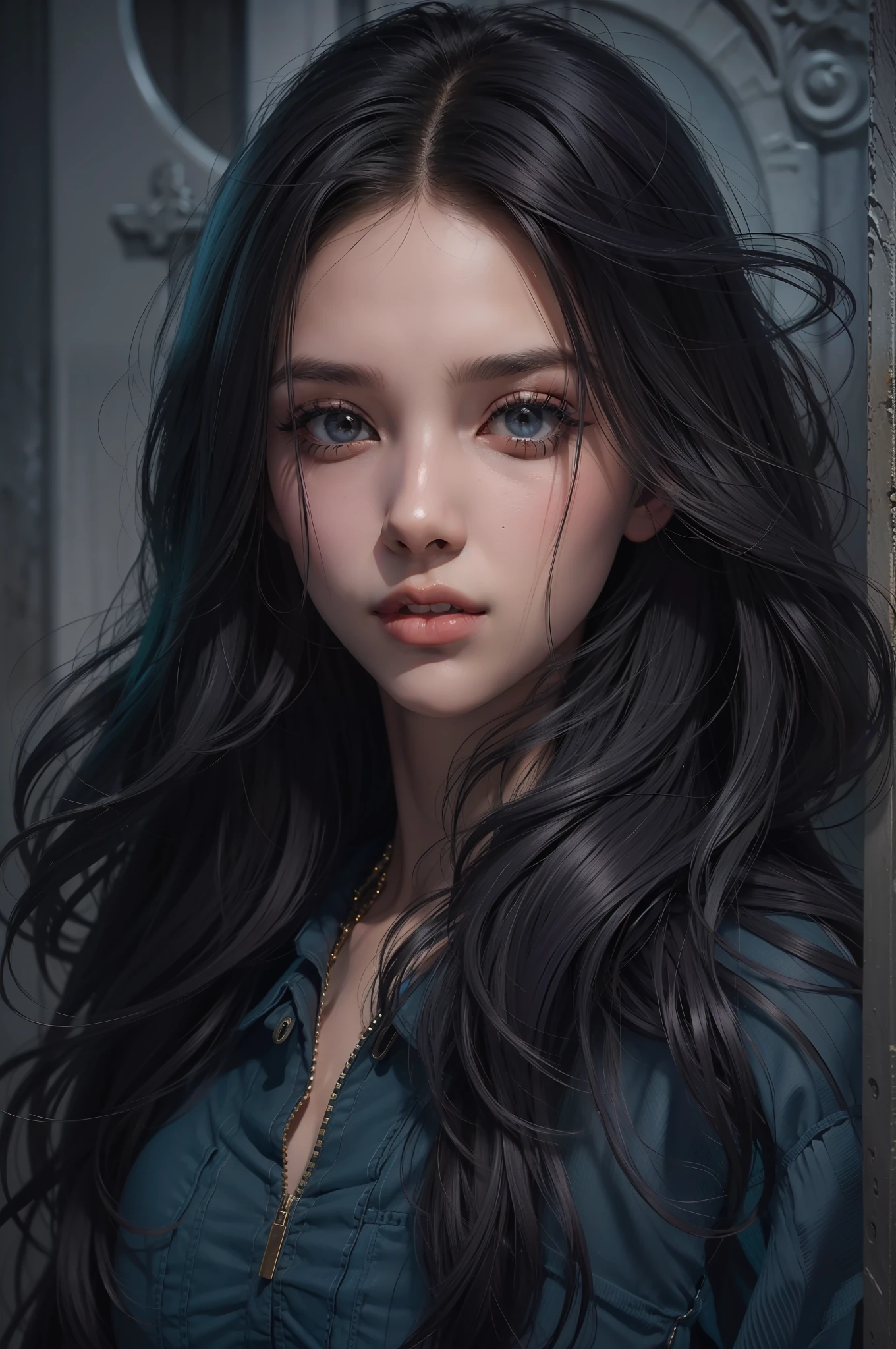 obra prima, a melhor qualidade, Ultra Detalhado, Mulher bonita com longos cabelos pretos e olhos violetas brilhantes como contings, Ao fundo, There is a cemetery at night, rosto forte, dated lips, cabelos pretos, Ela possui longos cabelos preto que caem suavemente sobre seu vestido. The upper part of his body is sculpted to perfection. "