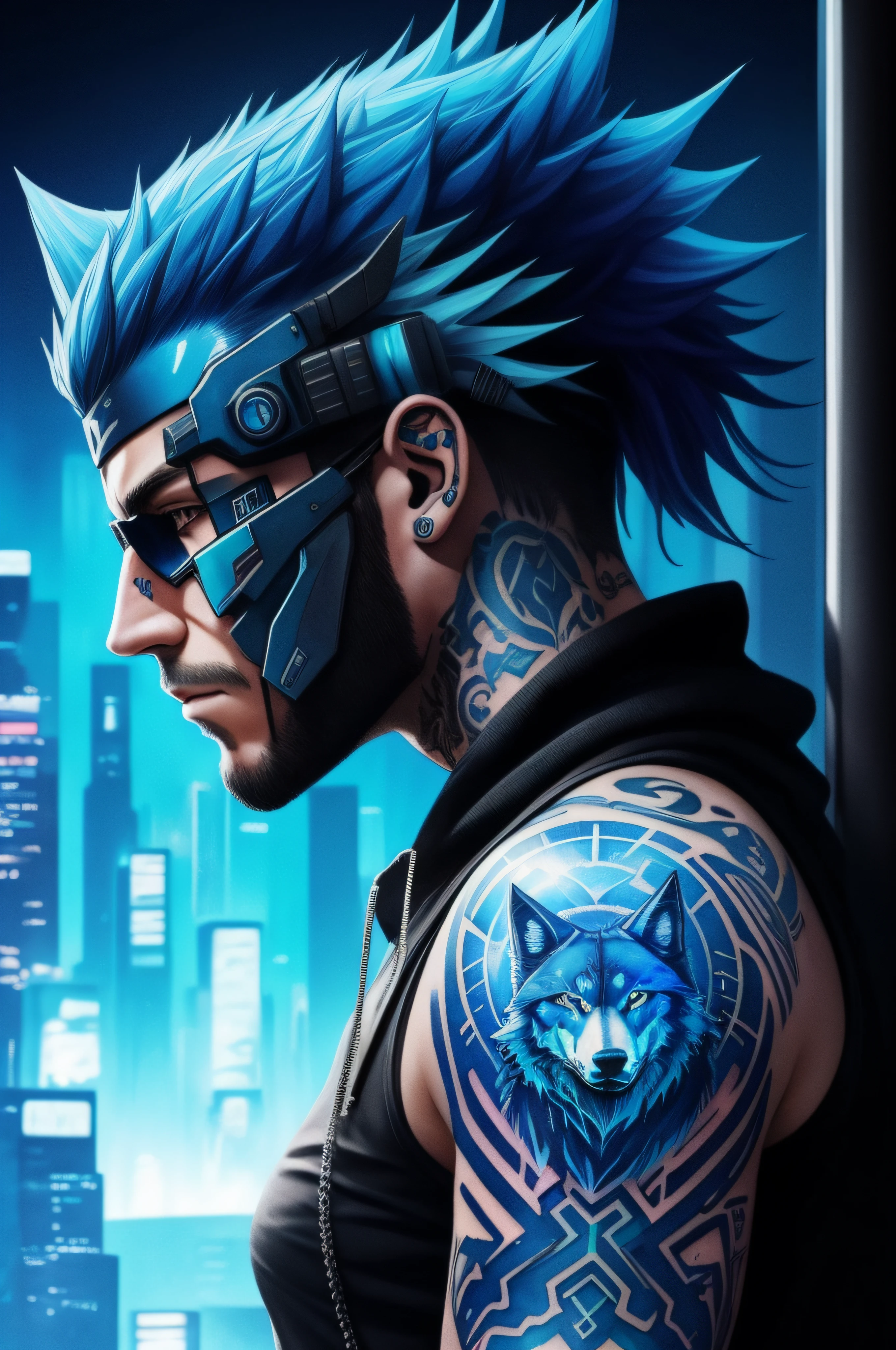 cyberpunk aesthetic, blue wolf tattoo, watercolor paint