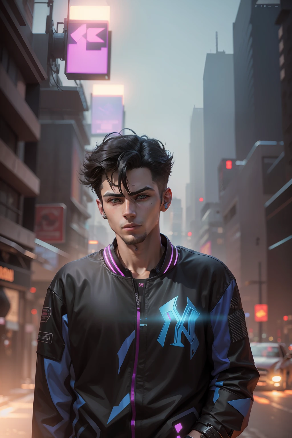 Change background cyberpunk handsome boy. Realistic face, 8k ultra realistic
