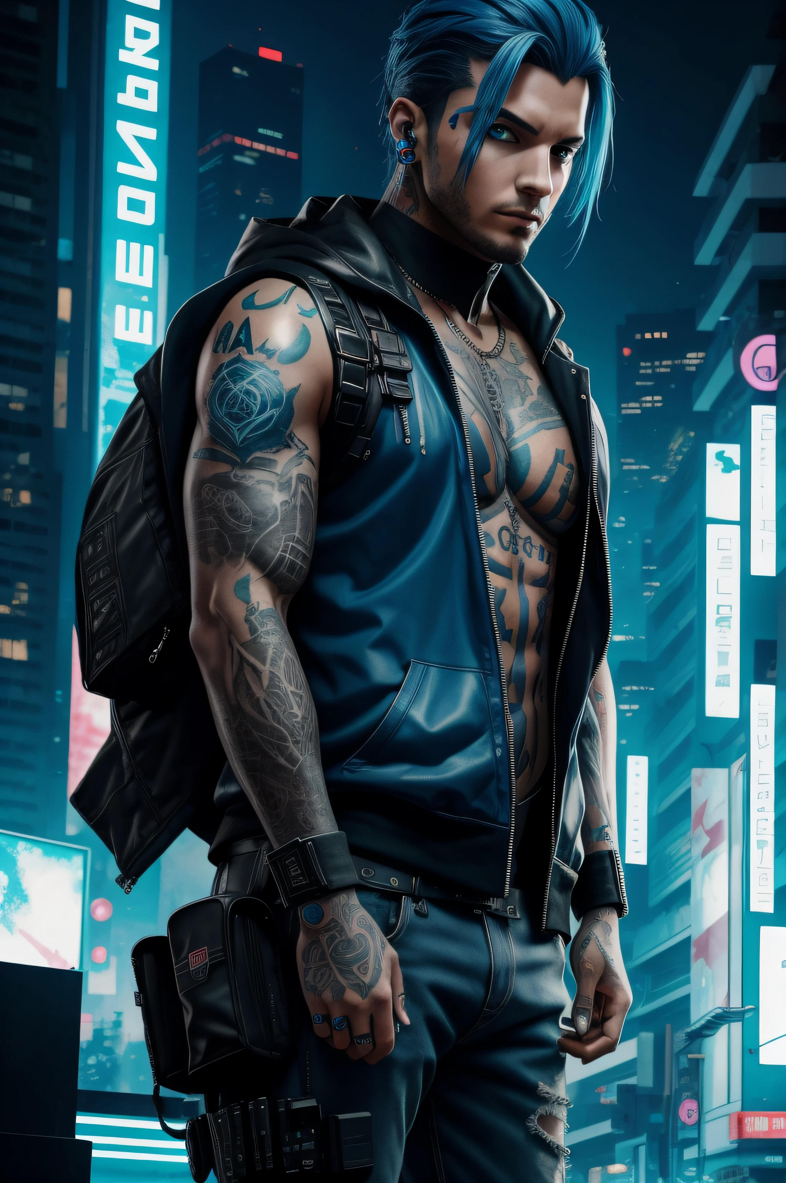 aesthetic cyberpunk, tatuagem do lobo azul, Tinta aquarela