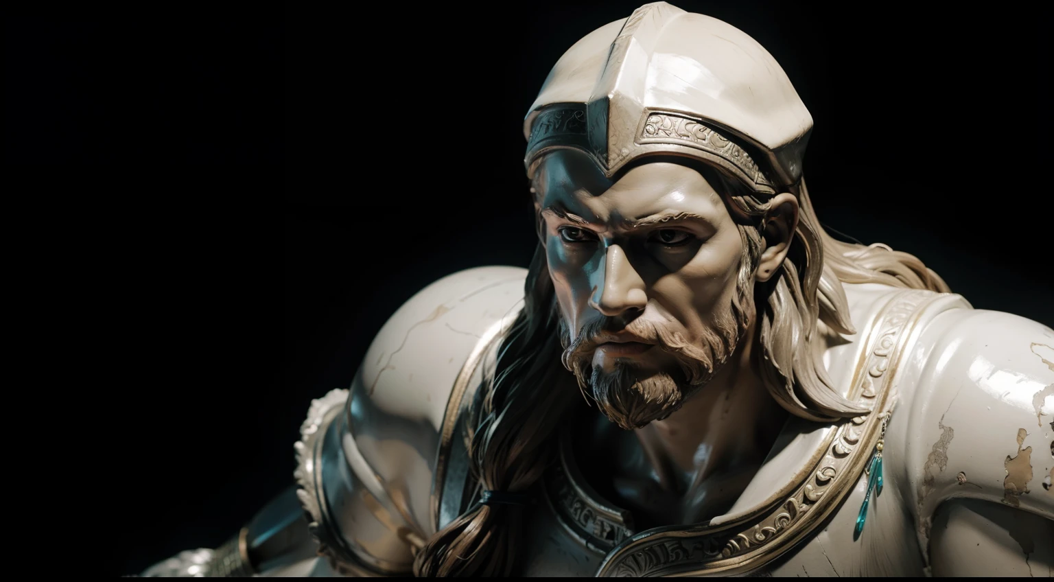 Plaster statue of Viking man with black background