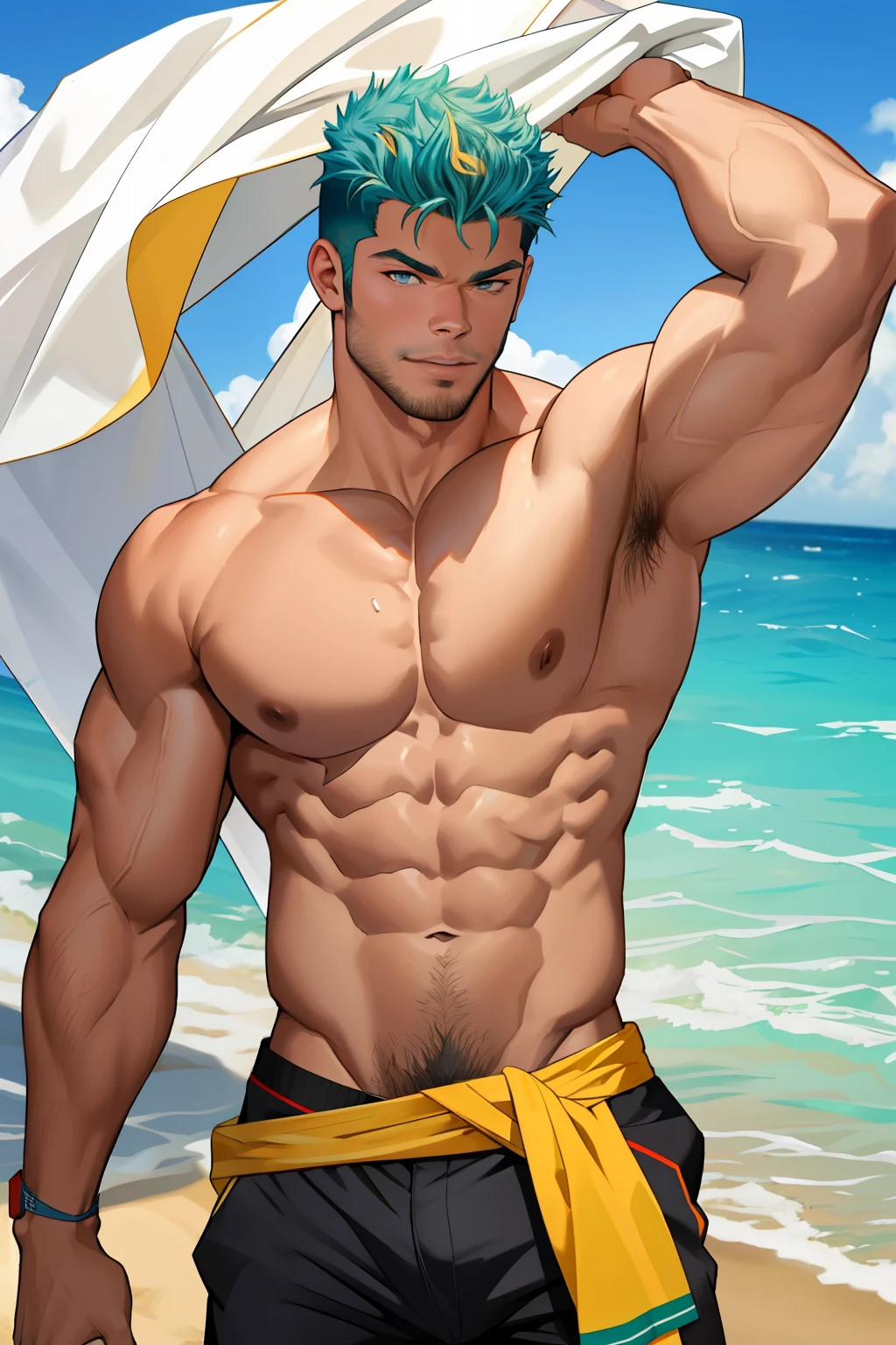 homem jovem, kellan lutz , bonito, musculoso, corpo peludo, olhos detalhados, parte superior do corpo, na praia, luz solar, maduro, pelos faciais, olhando para o espectador,