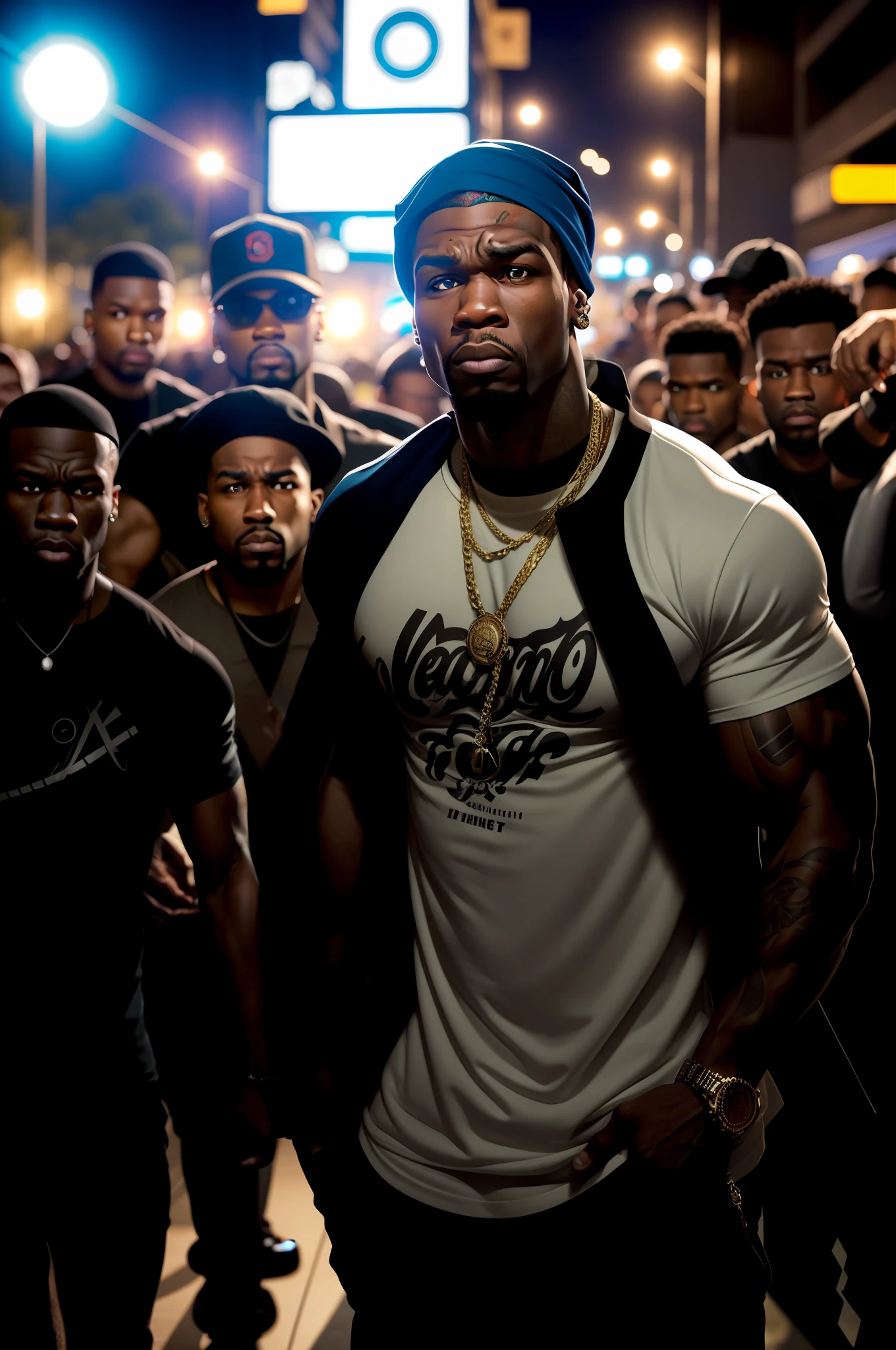 rosto inspirado em 50 Cent, com uma durag preta.
