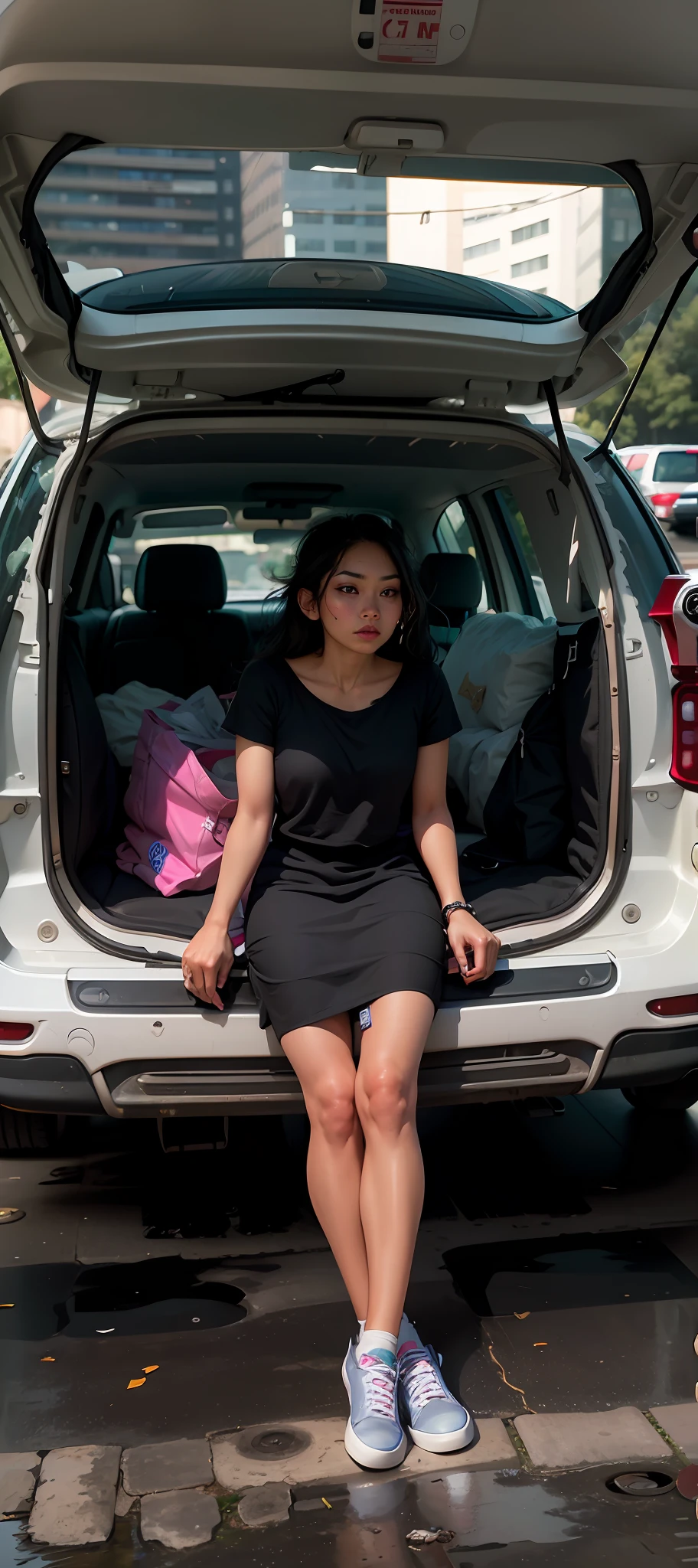 arafed woman sitting in the trunk of a car with luggage in the trunk, cindy avelino, candid photo, 23 years old, profile picture, 2 2 years old, 🤬 🤮 💕 🎀, hd face, white skin, beautiful