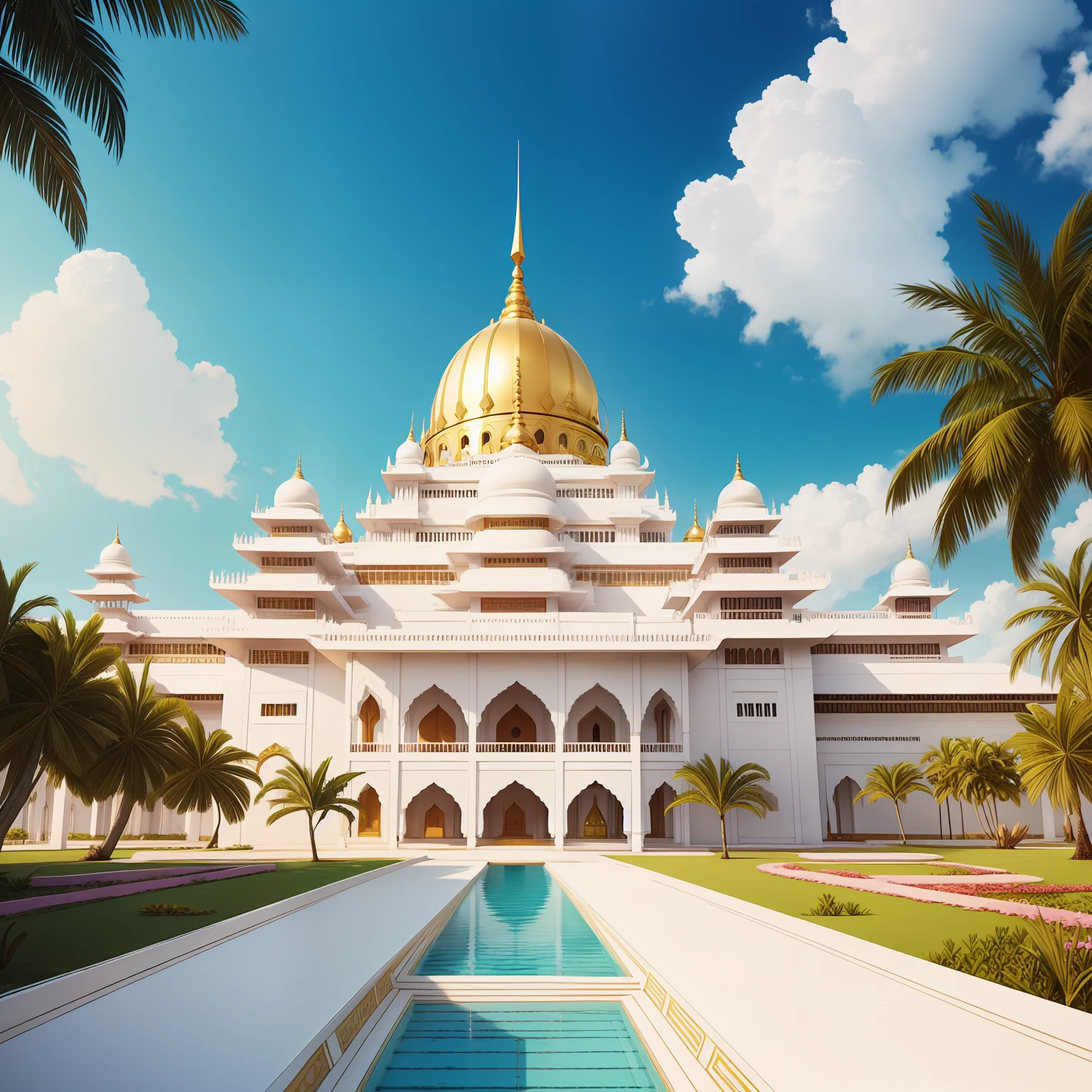 Hindu grand royal white palace, white and gold palace, royal palace, tropical island, sunny, anime style, hindu aesthetics