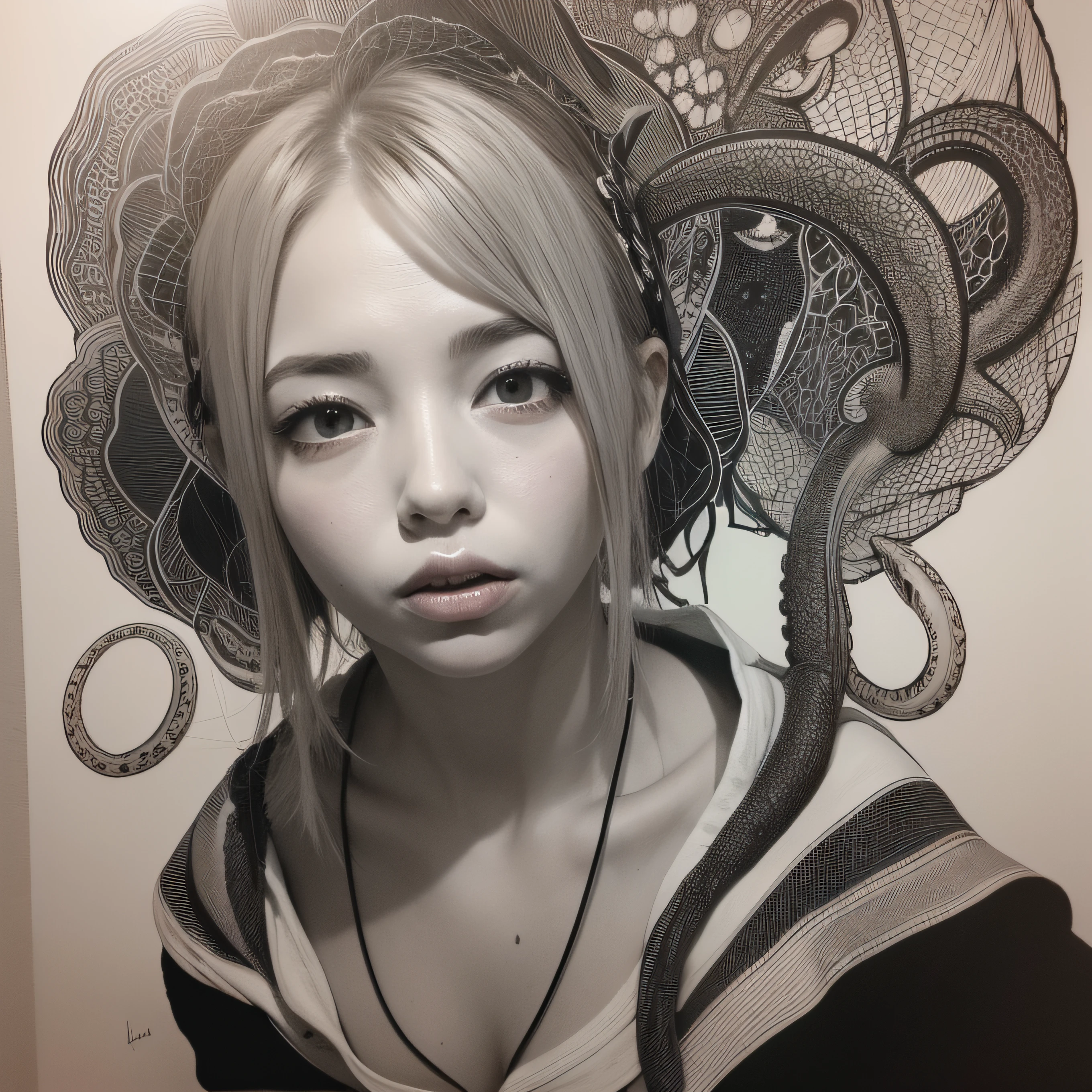 (extremadamente detallado, obra maestra, La mejor calidad), Estilo oscuro, intense illumination, rostro con arrugas, lengua larga, tentacle, deforme, monstruoso, interior de una piscina de agua verdosa, imagen submarina, alien con Colmillos finos, pico de pulpo amenazante. manchas de tinta. Rococo composition. Luz de caravaggio