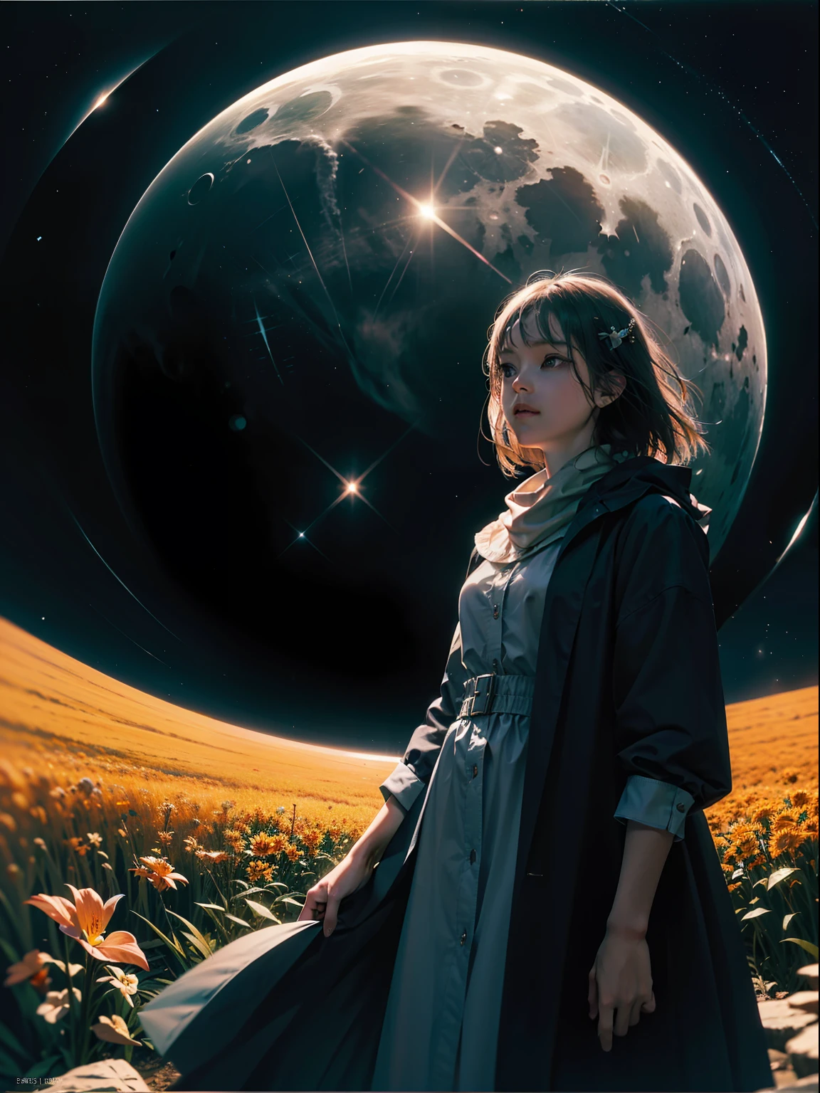Expansive landscape photograph, (view from below with a view of the sky and the wilderness below), little girl standing in a flower field looking up, (full moon: 1.2), (shooting star: 0.9), (nebula: 1.3), distant mountain, tree break production art, (warm light source: 1.2), (firefly: 1.2), lamp, purple and orange, intricate detail, volume lighting BREAK (masterpiece: 1.2), (highest quality ), 4k, ultra-detailed, (dynamic configuration: 1.4), highly detailed and colorful details (iridescent: 1.2), (sparkling lighting, atmospheric lighting), dreamy, magical, (solo: 1.2)