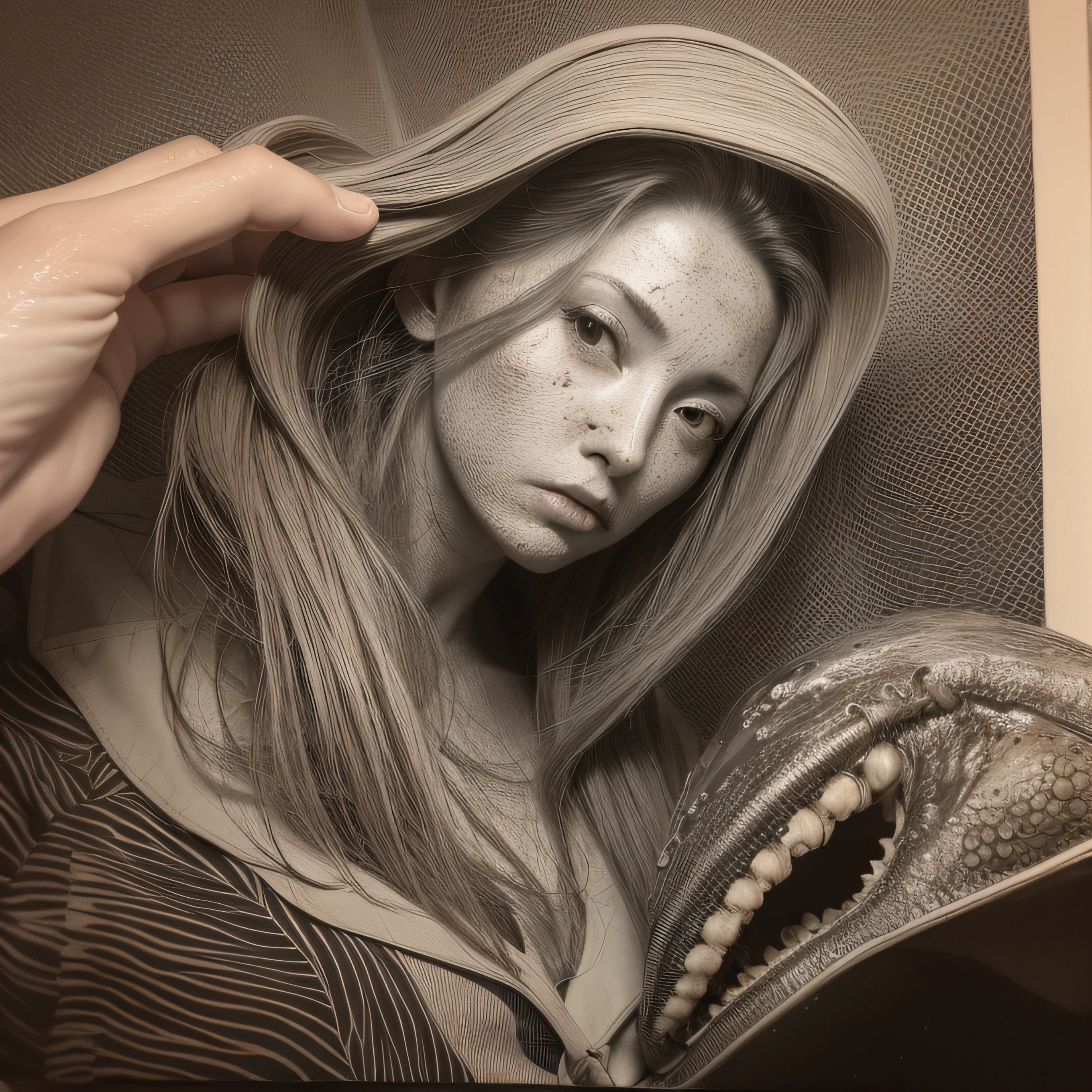 (extremadamente detallado, obra maestra, La mejor calidad), Estilo oscuro, intense illumination, rostro con arrugas, lengua larga, tentacle, deforme, monstruoso, interior de una piscina de agua verdosa, imagen submarina, alien con Colmillos finos, pico de pulpo amenazante. manchas de tinta. Rococo composition. Luz de caravaggio