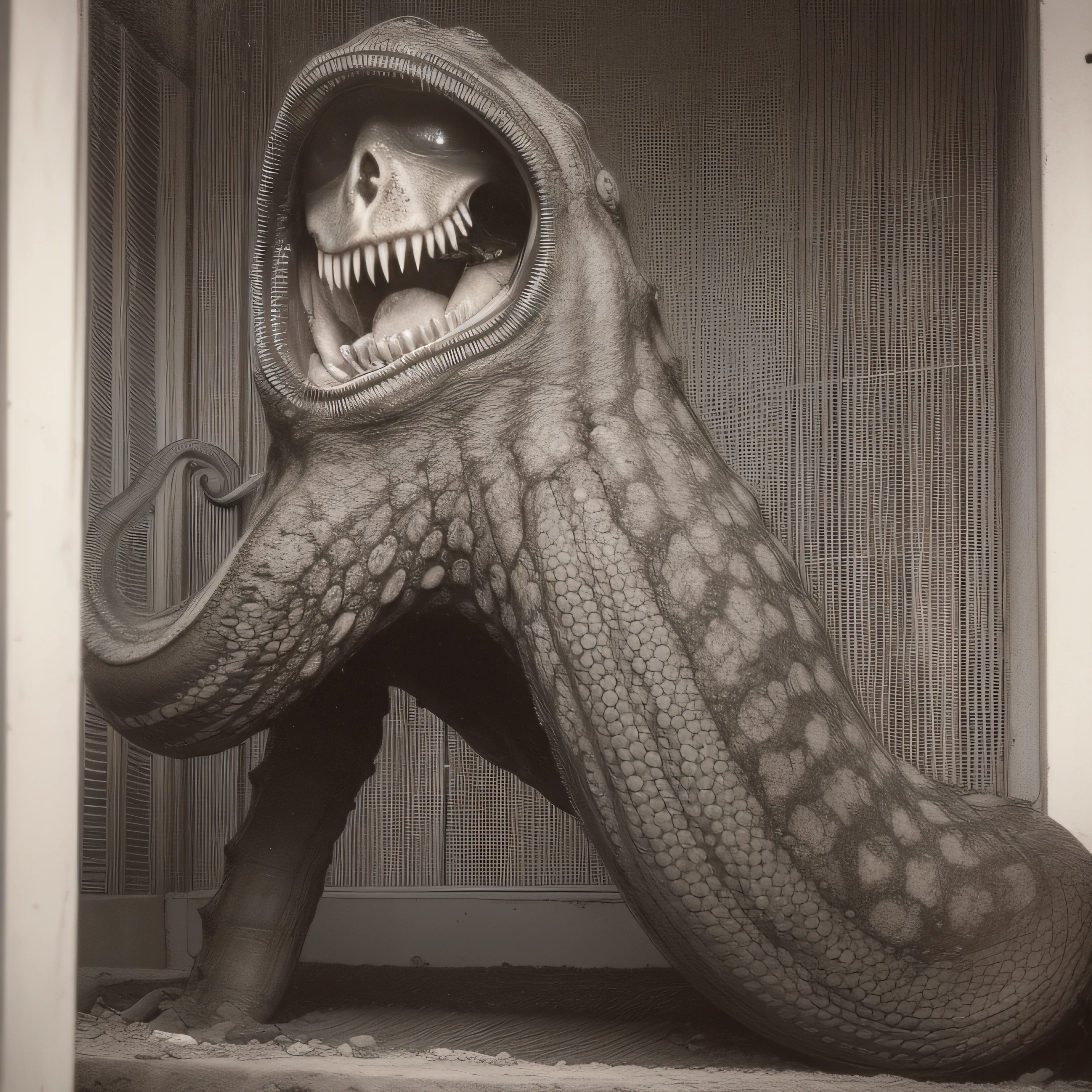 (extremadamente detallado, obra maestra, La mejor calidad), Estilo oscuro, intense illumination, rostro con arrugas, lengua larga, tentacle, deforme, monstruoso, interior de una piscina de agua verdosa, imagen submarina, alien con Colmillos finos, pico de pulpo amenazante. manchas de tinta. Rococo composition. Luz de caravaggio