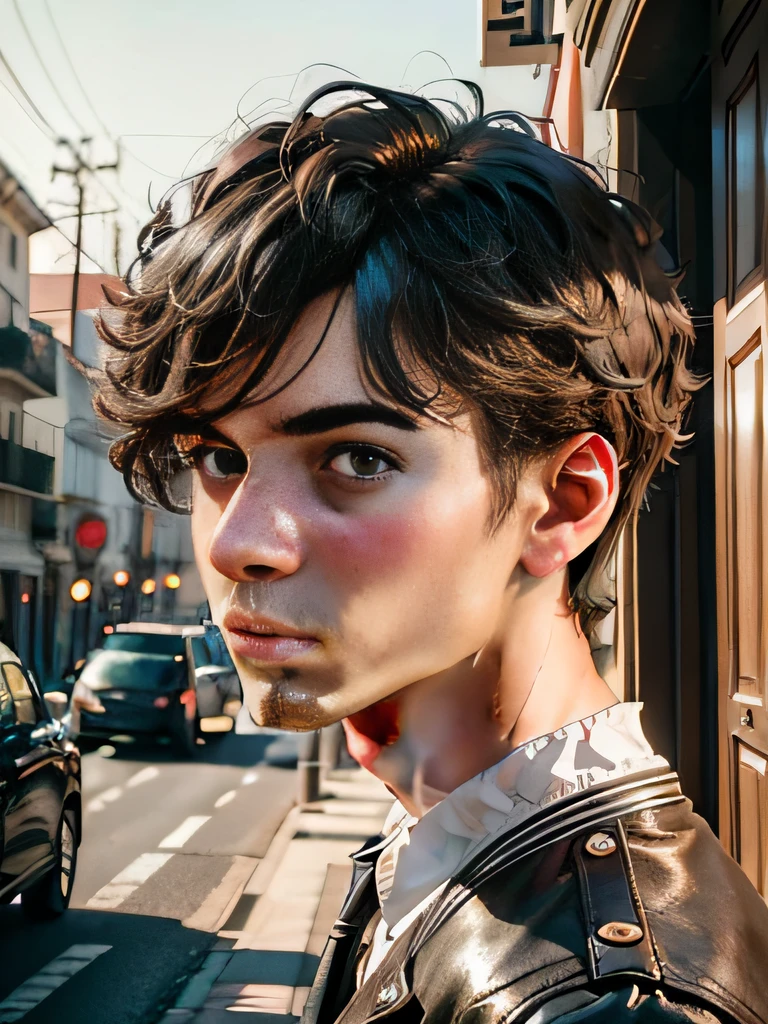 "Generate a high-resolution digital image depicting a young man between the ages of 18 and 20. O retrato deve ser altamente realista, featuring detailed facial features, as expressive and vivid eyes, nose with precise anatomical proportions, well-formed lips and skin with natural texture. O cabelo deve ser representado com diversos detalhes e nuances realistas, refletindo diferentes tonalidades e texturas. The facial expression of the young person must convey authenticity and youth, capturando um sentimento positivo, como entusiasmo ou curiosidade.

Ademais, It is important that the image includes a complementary background to the portrait of the young man, como uma cena adequada ao contexto, seja uma paisagem ao ar livre ou um ambiente urbano. The scenery should be designed with attention to detail, creating an engaging atmosphere that contributes to the overall artistic beauty of the image.

Por fim, assegure-se de que a imagem final seja esteticamente bonita, with harmonic colors and attractive composition. Get inspired by high-quality real photographic portraits to create a unique visual representation, capturing the essence of youth and beauty of the man portrayed."