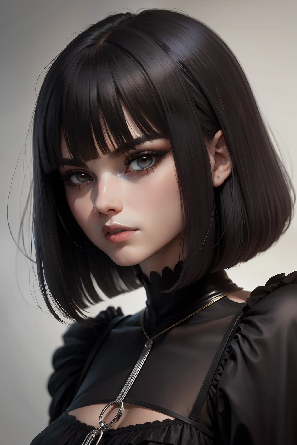 franja curta, french bob, cabelo preto, franja blunt, olho preto, cabelo castanho escuro, franja curta, cabelo curto