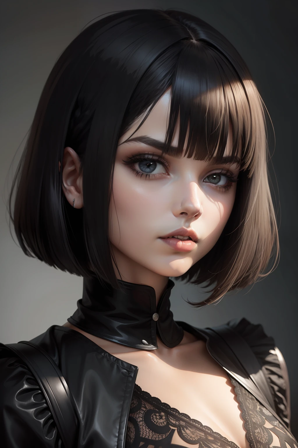 franja curta, french bob, cabelo preto, franja blunt, olho preto, cabelo castanho escuro, franja curta, cabelo curto