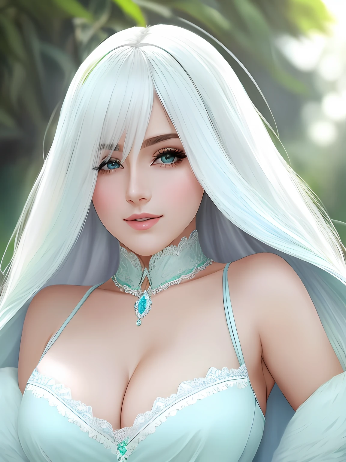 linda mulher, whitish hair, longos e ondulados, vestido azul, branca e dourada, corpo esguio e perfeito, coxas grossas, profundos olhos verdes, beleza rara, 8k, muito nitida, detalhes intricados,