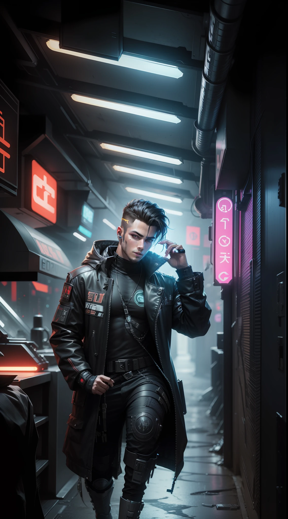 Change background cyberpunk handsome boy. Realistic face, 10k ultra realistic warr location