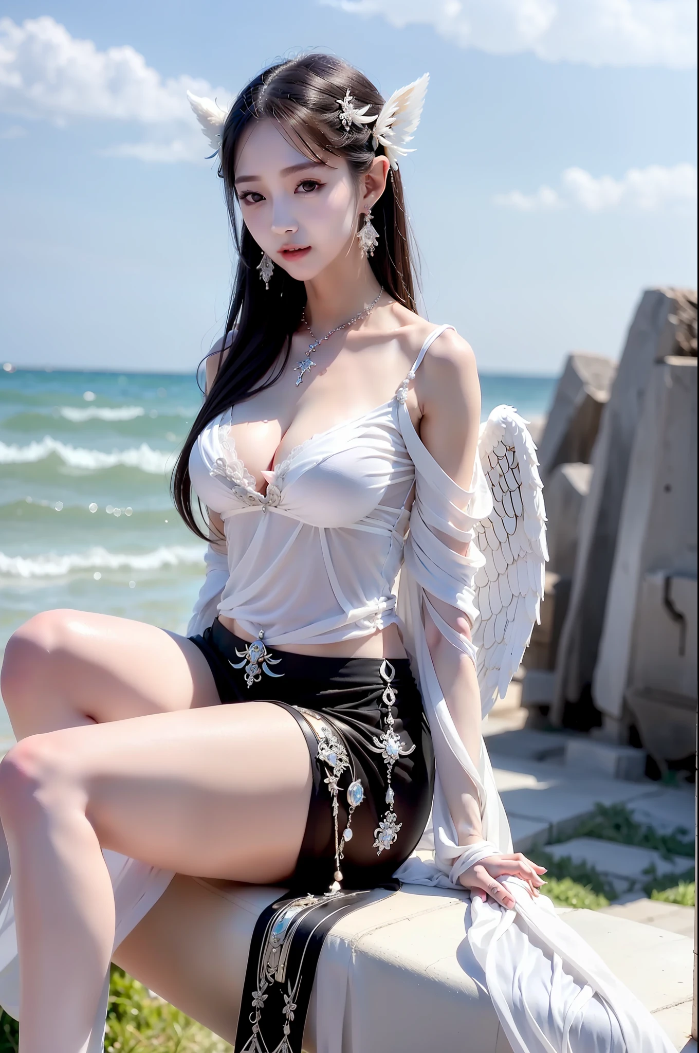 Meticulous angel wings，elvish ears，silver bracelet，Anklet detail，female pervert，Attractive eye portrayal，Finger sky，Fair long legs，See-through black silk，Skysky，thunder