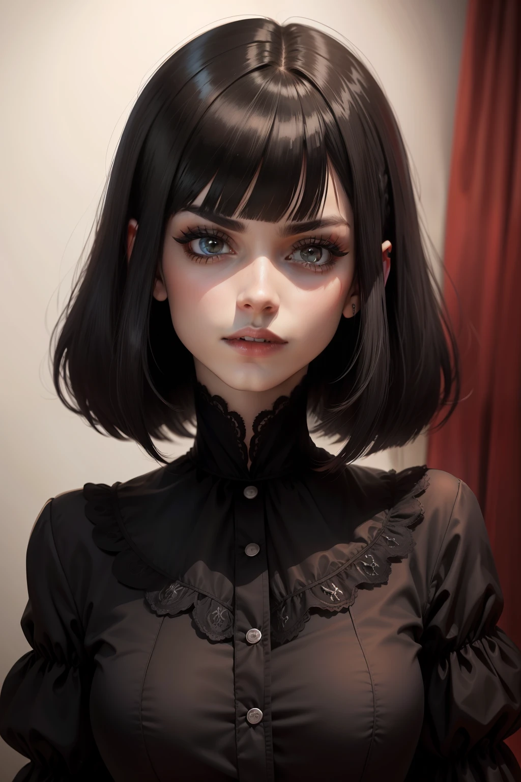franja curta, french bob, cabelo preto, franja blunt, olho preto, cabelo castanho escuro, franja curta, cabelo curto, mavis dracula