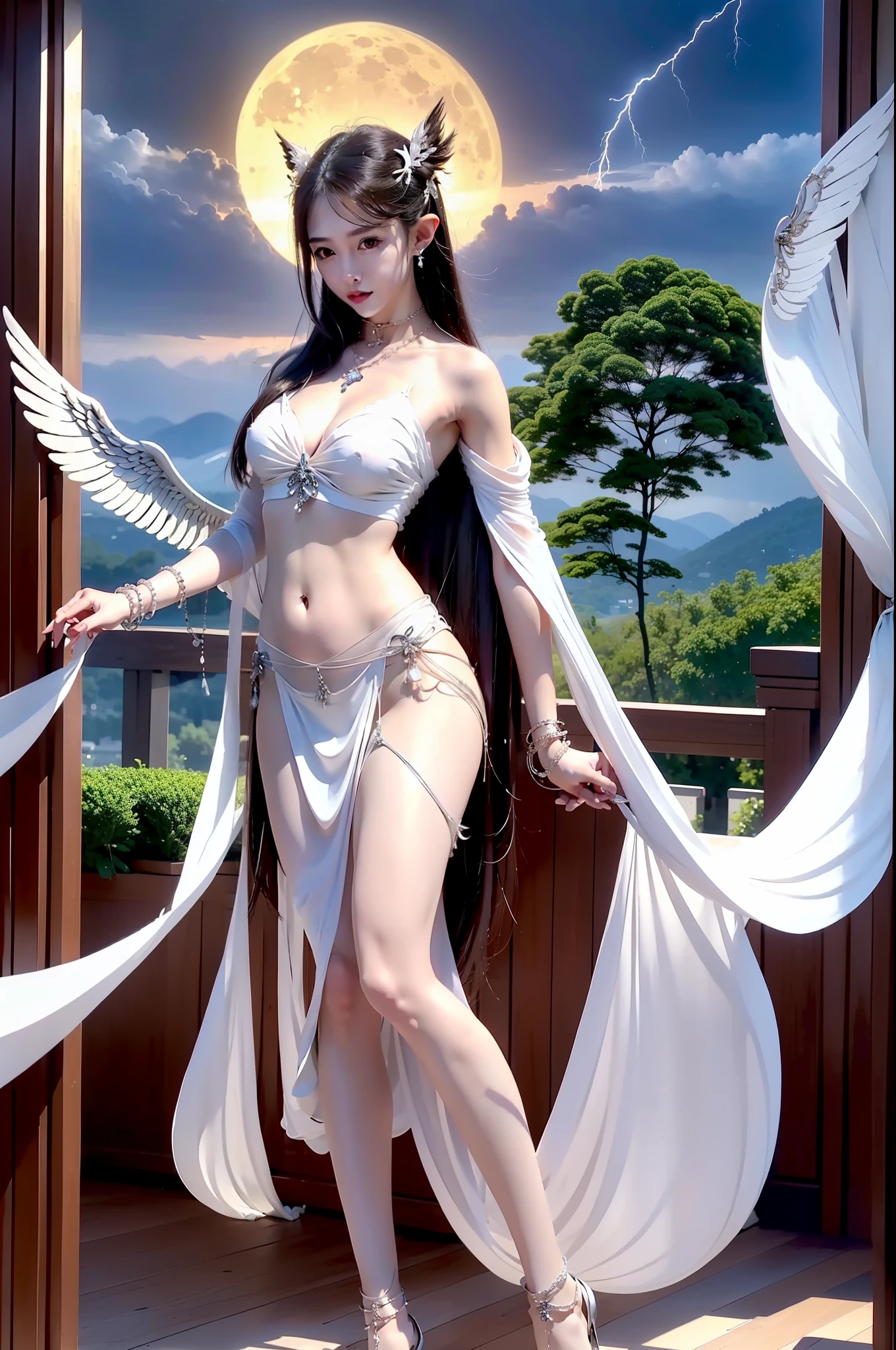 early evening，Colorful nights，Interior view of the games room，Meticulous angel wings，elvish ears，silver bracelet，Anklet detail，female pervert，Attractive eye portrayal，Finger sky，Fair long legs，See-through black silk，Skysky，thunder