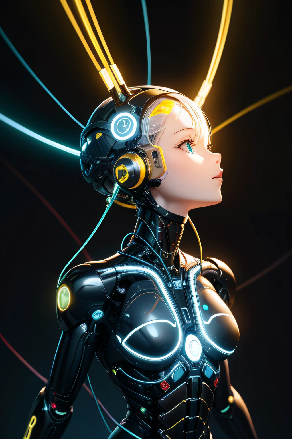 brain connected to cables, artificial intelligence, high resolution, 4k, high definition, rich in detail, yellow and blue neon lights