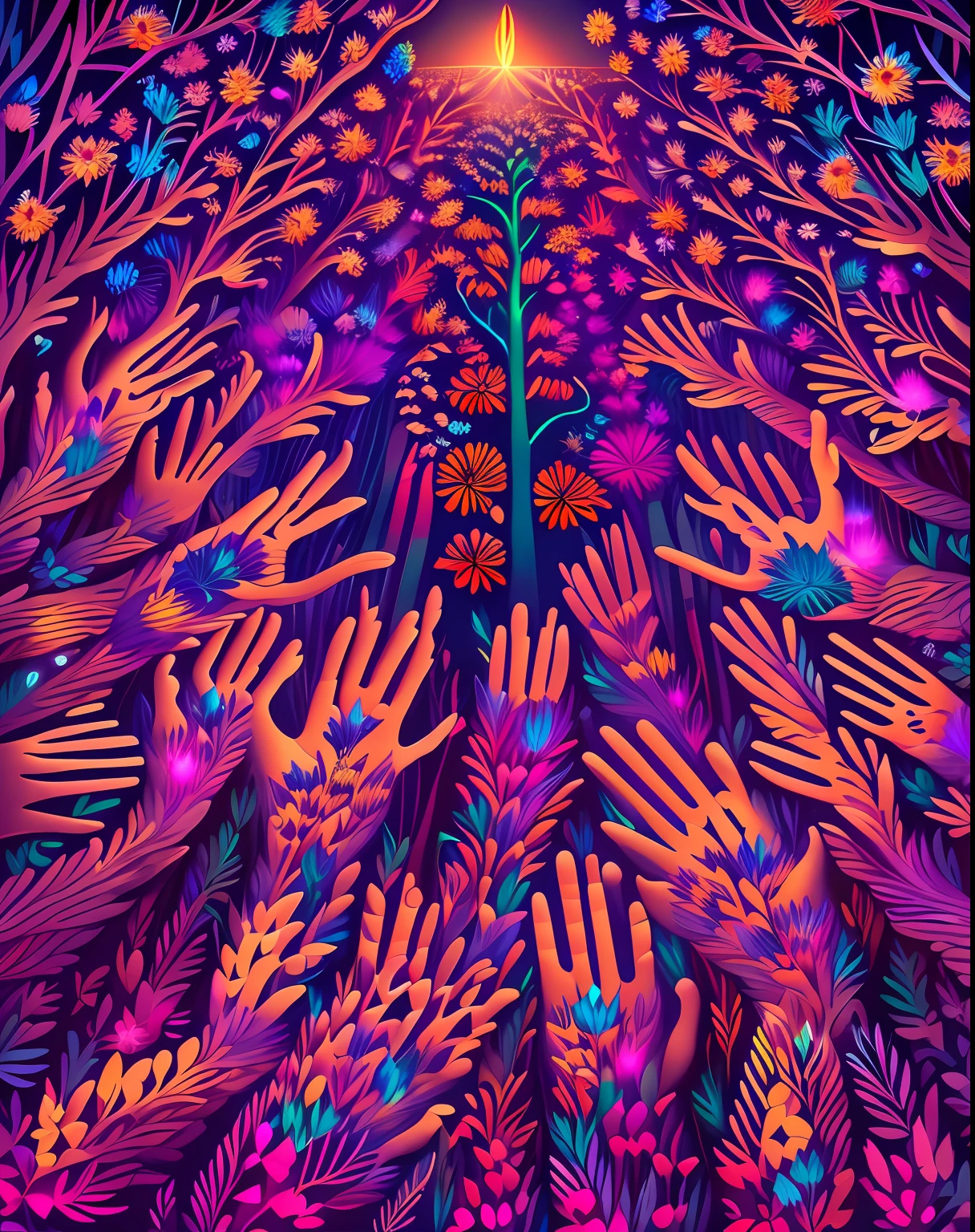 Forest of Hands, nightfall, digitalpainting, Art Station, Smooth, sharp-focus, illustartion, overtaking, vaporizer, insanely detailed, 4k, composition, Crop, centred, symmetry, Drawn, Intricate, voluminous lighting, beutiful, A masterpiece saturated with deep colors, sharp-focus, overdetalization,