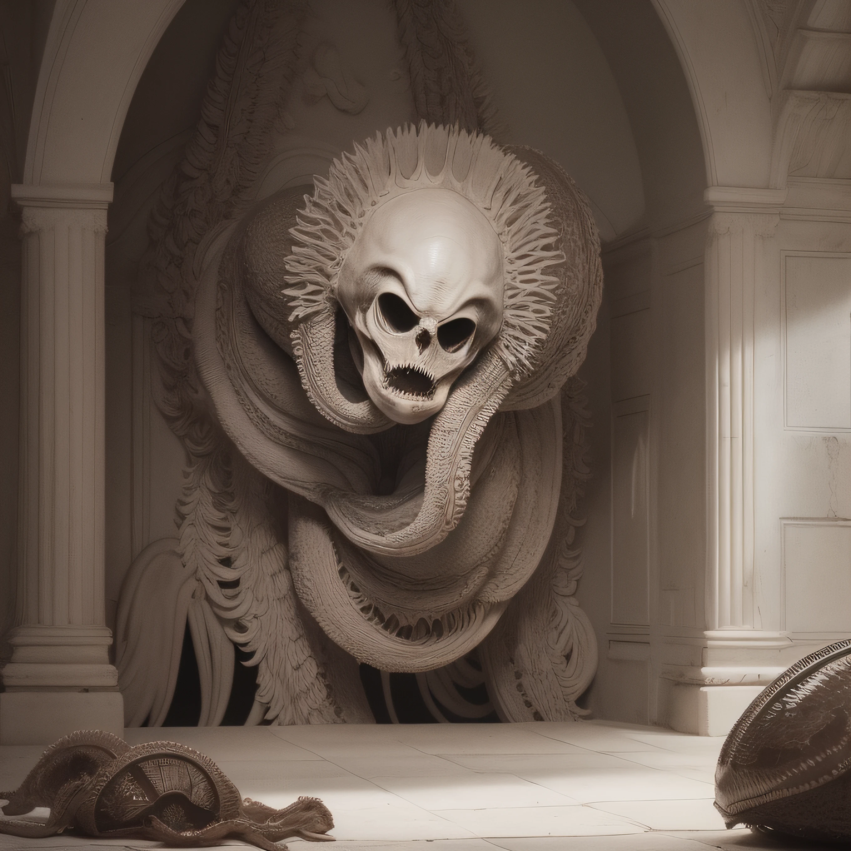 (extremadamente detallado, obra maestra, La mejor calidad), Estilo oscuro, intense illumination, rostro con arrugas, lengua larga, tentacle, deforme, monstruoso, interior de una piscina de agua verdosa, imagen submarina, alien con Colmillos finos, pico de pulpo amenazante. manchas de tinta. Rococo composition. Luz de caravaggio