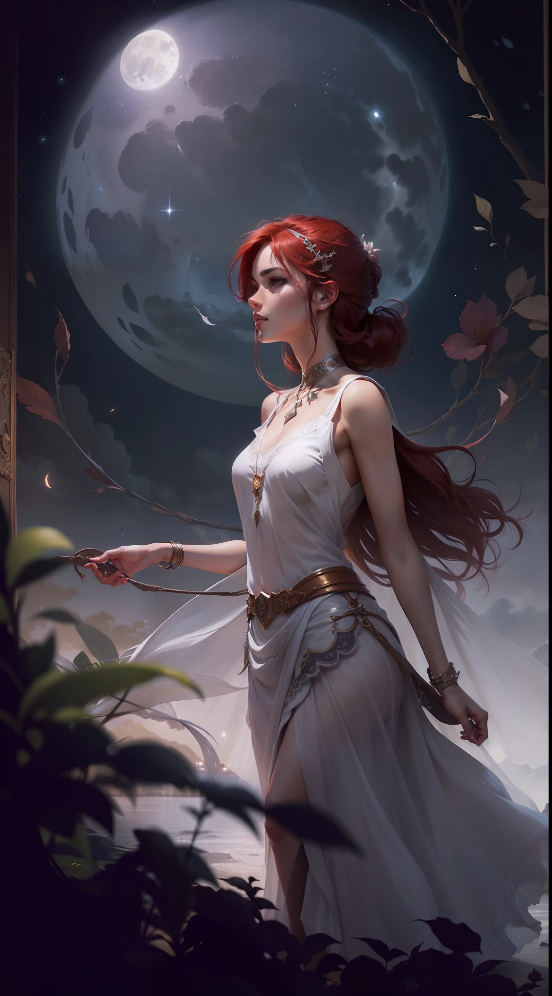 Under the pale light of the full moon. Her short, red hair dances softly in the evening breeze as she stands out amid the shadows. Wearing a white tunic, adornada com detalhes em marrom escuro, She exudes an air of determination and courage. In the night scene, The environment is magical and mysterious. The stars twinkle in the deep sky and a soft halo envelops the warrior woman, highlighting its majestic presence. Com cada pincelada delicada, Brings your vision to life