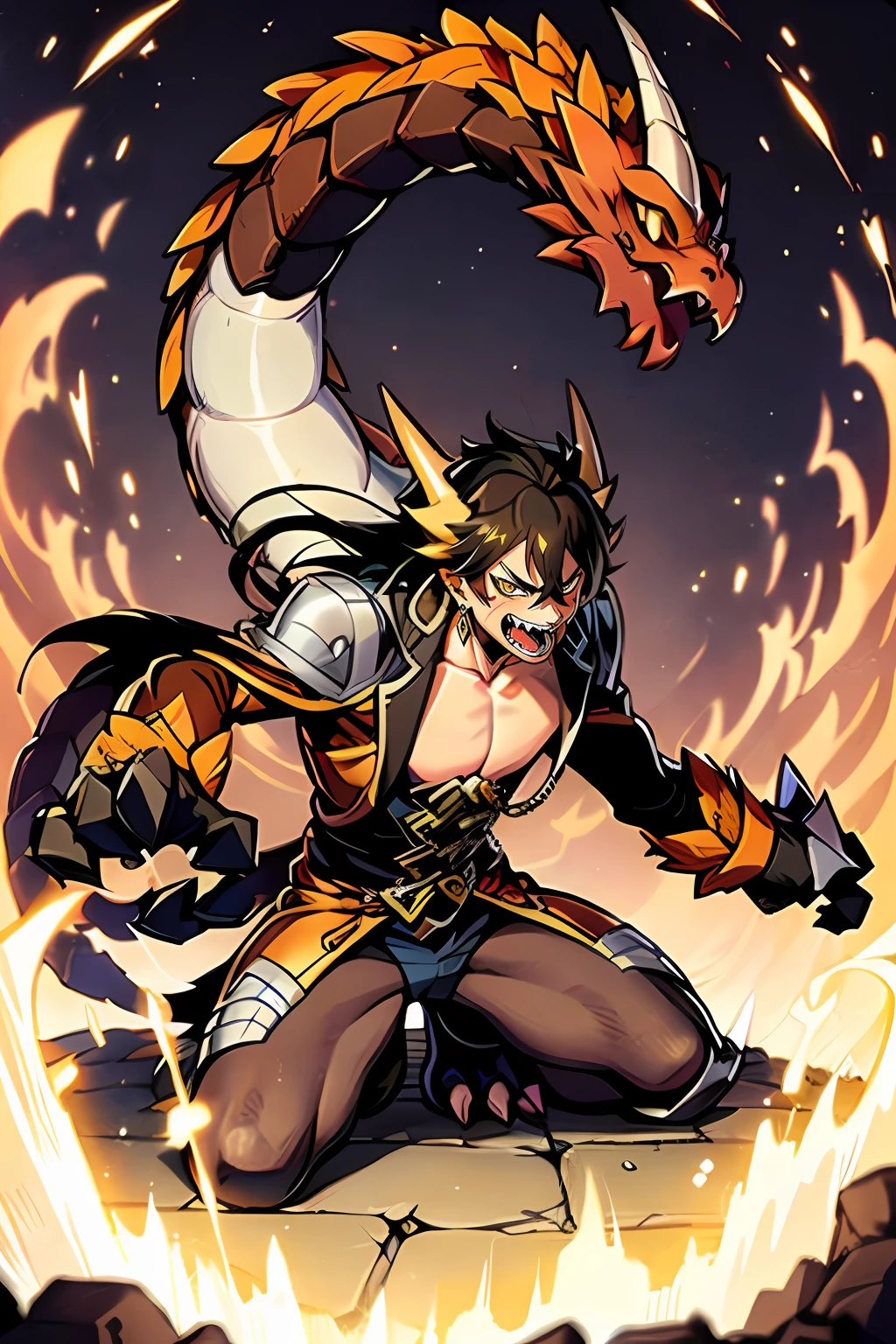 masterpiece, best quality, ((male focus)), jewelry, long hair, ((1boy)), solo, earrings, bangs, gloves, ponytail, (( Over size Claws)), multicolored hair, brown hair, hair between eyes,  yellow eyes,gradient hair, suit, black hair, digimon \(creature\), ((orange eastern Dragon horn and brown Tail),  black and purple Gems on body, ((Orange, Black and brown Colour schemes)), (Zhongli as a Digimon), ((mid transformation, Corruption, )) Pose(On knees, Dynamic, Berserker) expression (Pain, Screaming, Resistance to transformation)