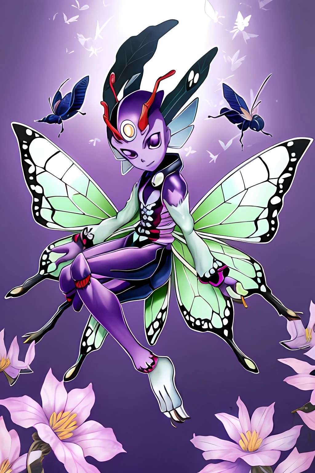 Kochou Shinobu as a Digimon, 1girl,masterpiece, multicolored hair, long sleeves, purple eyes, Insect , fairy  ,Butterfly like, digimon\(creature\),((Purple Skin)), Butterfly wing, Insectoid arms ((,insect limbs))