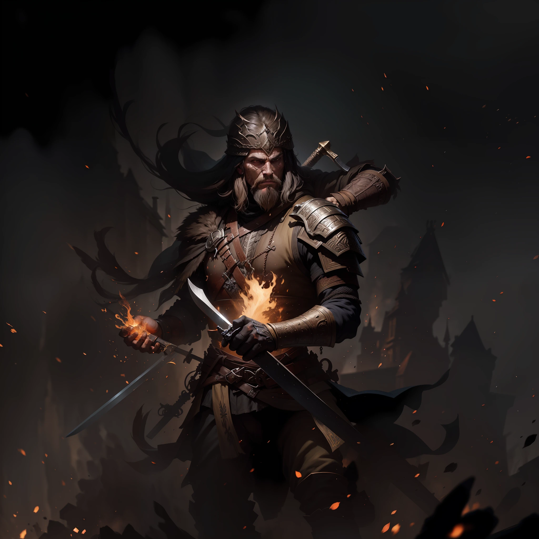a man slavic warrior in village, holding a sword in his hand, action pose art, artstation