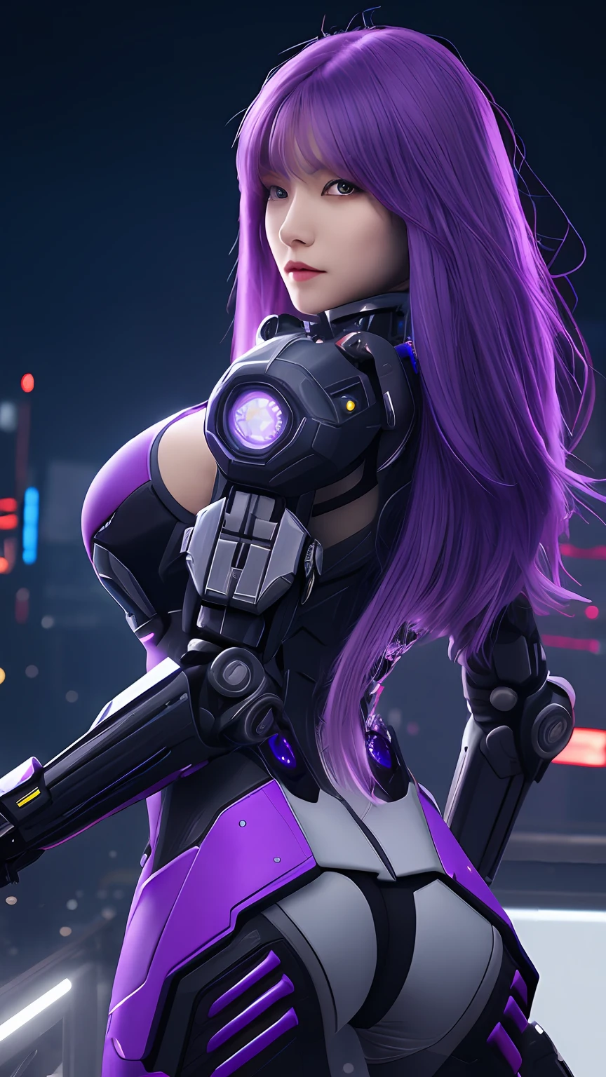 (8K, masutepiece, Best Quality), Ultra-detailed, detailed beautiful round eyes, beautiful and detailed face, High quality, High resolution, Mecha girl in sexy ninja costume, huge-breasted, (See-through dress:1.2), mechs, spaces, Spaceship, Perfect ass, perfect tits, Perfect face, Perfect body, during night, Sexy body, Purple hair, Mature Women, Hands-on, (Long hair:1), female mech, Cyberpunk, Planetary background