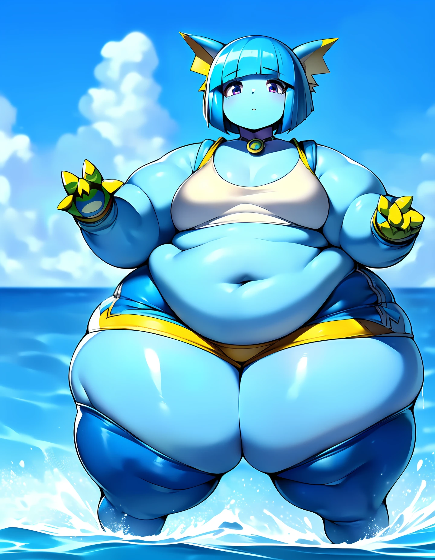 best quality, masterpiece, solo, (digimon \(creature\0.2), 1boy, ((Full body)) monster (boy), fins,Sea Creature, water spirit, (light Blue skin), (Blue Bob cut hair ), ((Skintight Blue Crop top:1.8)) ((Blue Shorts)), (wide hips:1.5), (thick ,Fat thighs:1.4), ((large Butt)), sahuagin\(monster girl encyclopedia\)