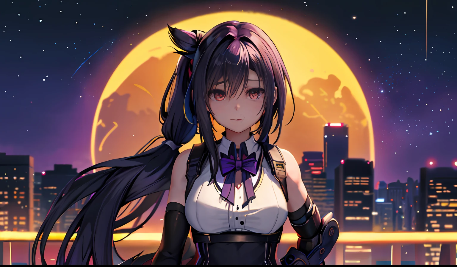 Best picture quality,quadratic element,schoolgirls,solo person,Rooftop,artistic conception,Purple hair single ponytail,Yellow pupil,校服,grieves,the night,Horizontal composition,Creative art style。
