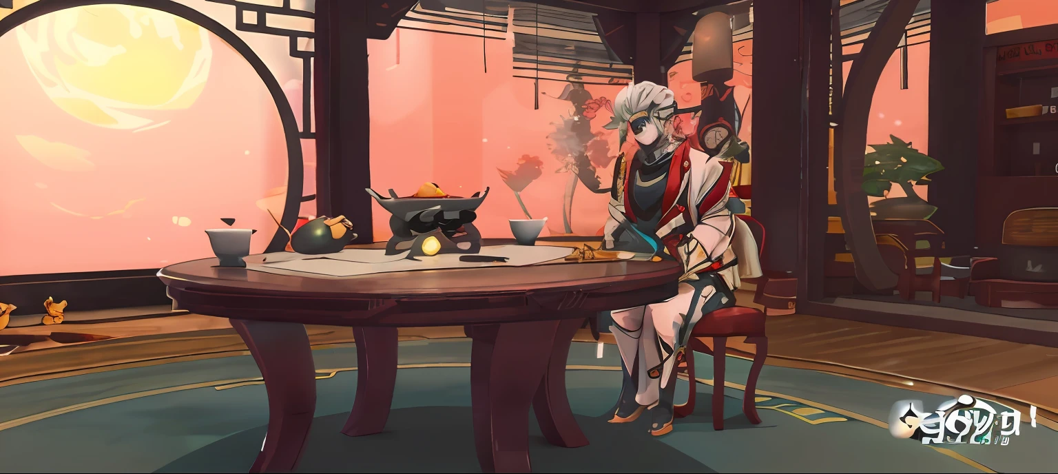 anime - style scene of a man sitting at a table in a room, cyno from genshin impact, genius invocation TCG, general mahamatra, white hair, red eyes, tan skin, table with a card game.