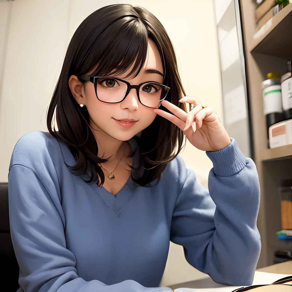 Bespectacled brunette half Asian big hair with low bangs and lean