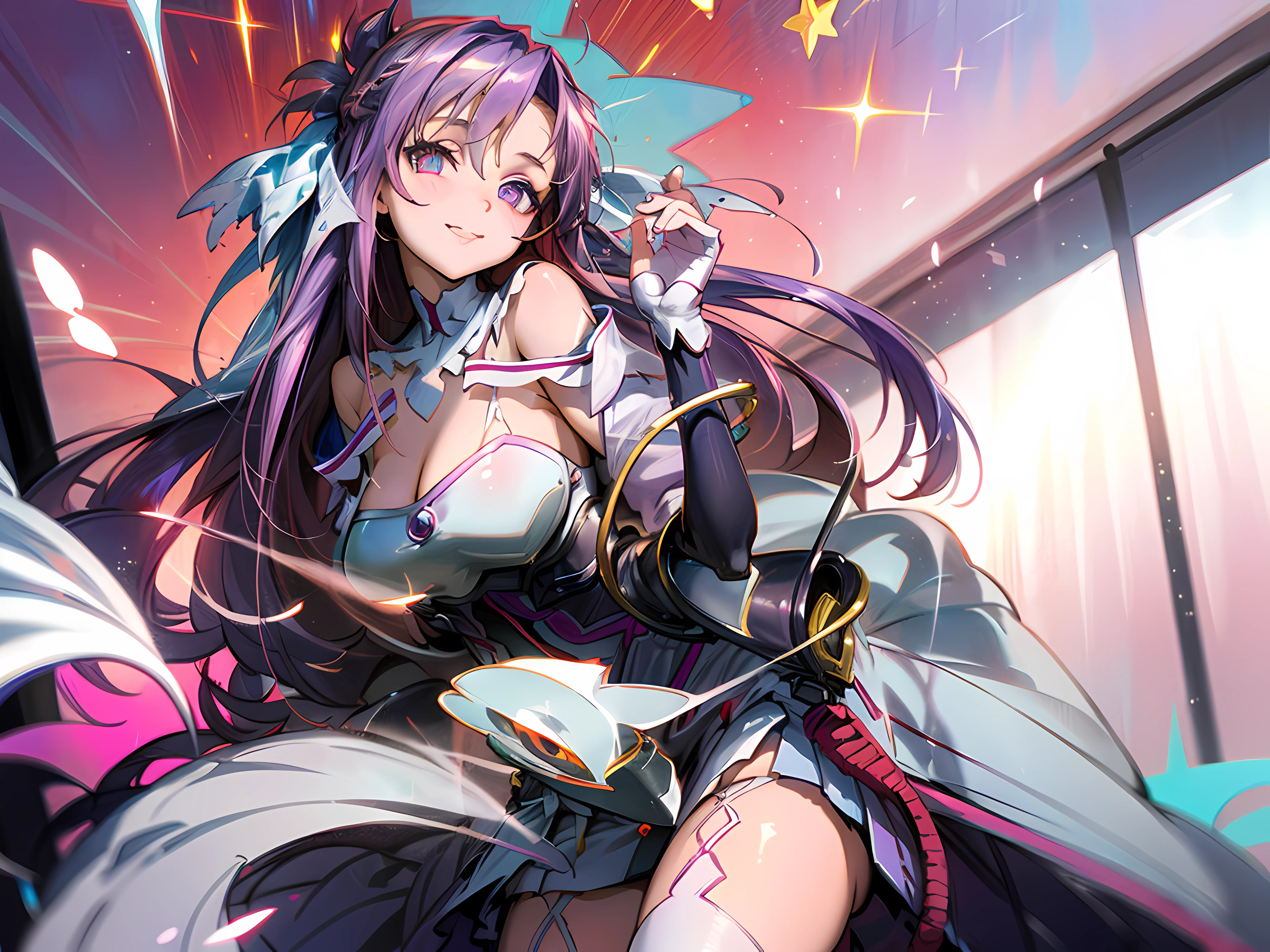 Ai Hoshino, Long hair, Purple hair, Striped hair ,Purple eyes, Star-shaped pupils,  1girll, full bodyesbian,Solo,  Purple eye,Star eyes,Sparkling eyes,Shining eyes,Star-shaped pupils,Detailed eyes, white thighhighs, Purple colored hair,Blowing hair,  looking a viewer, Breasts, full bodyesbian, Large breasts,Ray tracing, Vibrant colors, Girl, Masterpiece, Sharp focus, Best quality, Depth of field, Cinematic lighting, detailed outfits, Perfect eyes, Rich in detail and texture, Bunny Girl, Riman, Indoors, Smiling, Red hair, Colored inner hair, colored eyelashes, Long hair, Blue eyes, black sock, Smiling,