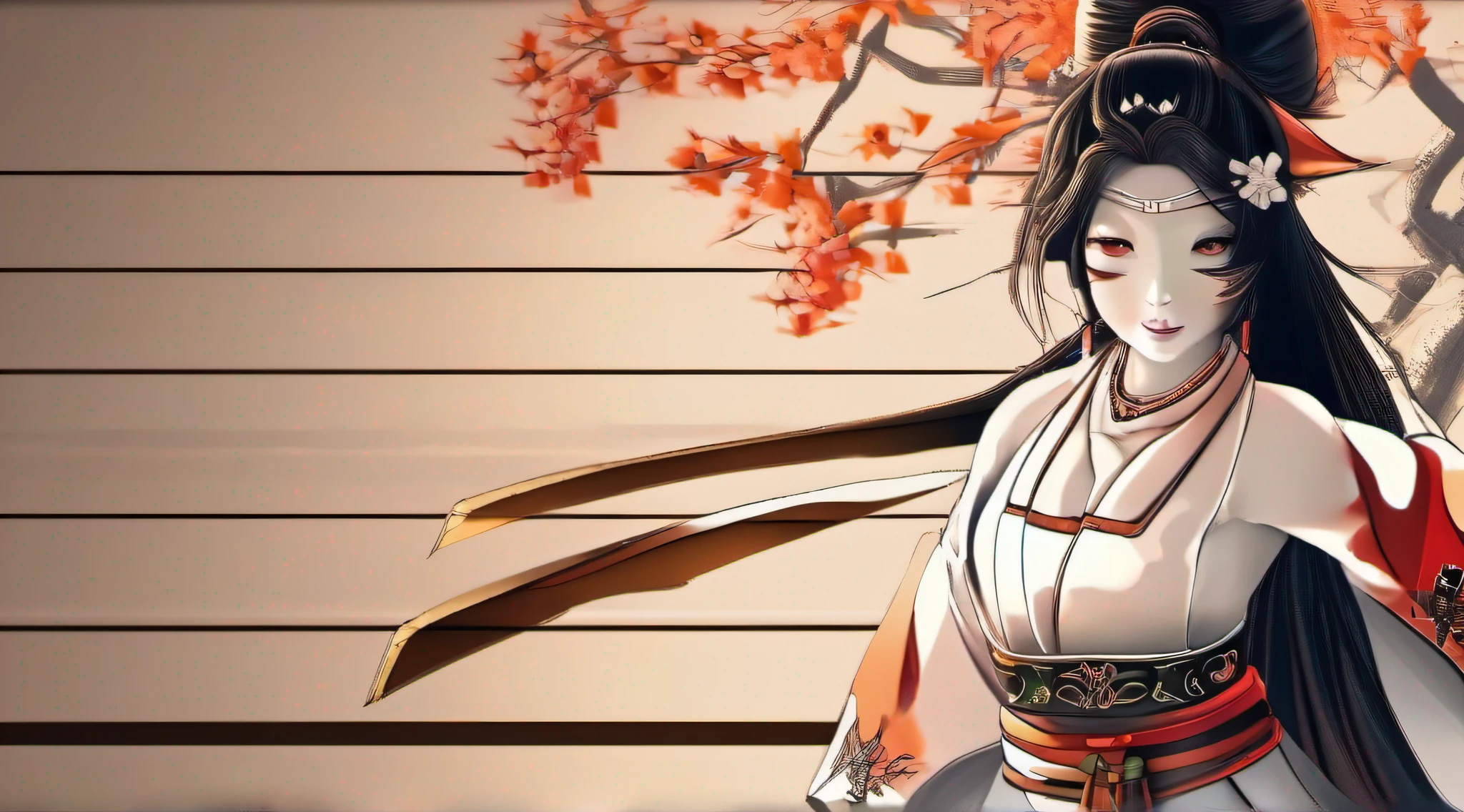 (extremamente detalhado CG unidade 8k papel de parede,master part, melhor qualidade, ultra-detalhado),(beautiful  lighting, sombra bonita, um extremamente delicado e bonito),floating,high saturation,[ :(mulher oriental, Beautiful, quimono preto, Espada Samurai:1.5, floresta escura, galhos secos, nevoeiro) ]