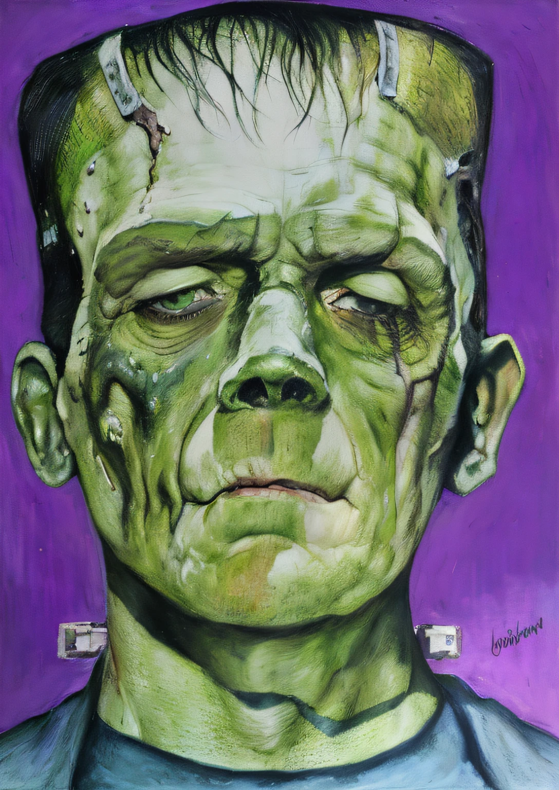 uma pintura de um homem com um rosto verde e um fundo roxo, Frankenstein bonito, Frankenstein, Frankenstein bonito, Retrato do Hulk, Frankenstein colossal, inspirado em Earle Bergey, inspirado em Arnold Mesches, a colored pencil sketch, inspirado em John Mossman, Frankenstein gigante, inspirado em William Mossman, inspirado em Stan Stokes, inspirado em Otto Dix