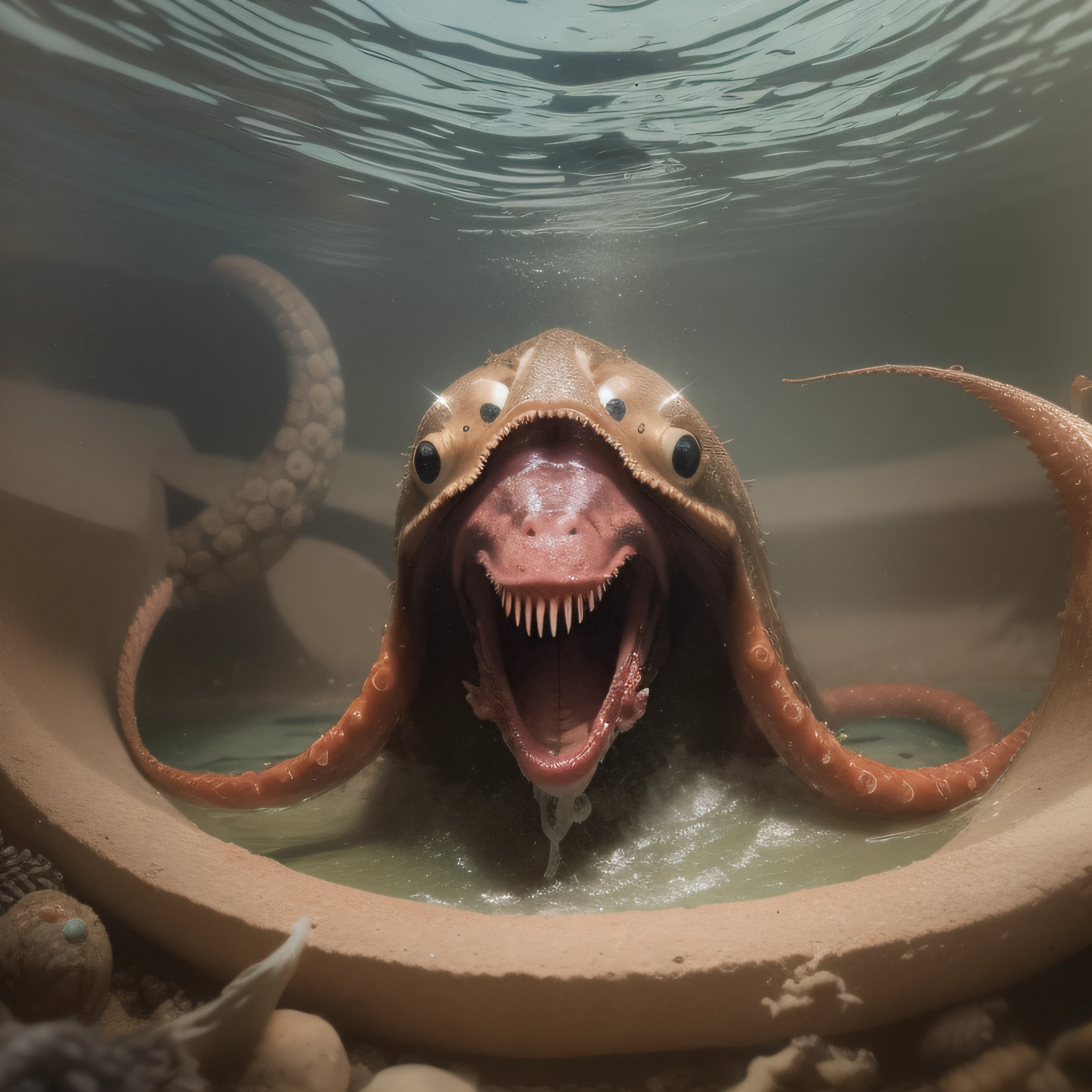 (extremadamente detallado, obra maestra, La mejor calidad), Estilo oscuro, intense illumination, rostro con arrugas, lengua larga, tentacle, deforme, monstruoso, interior de una piscina de agua verdosa, imagen submarina, alien con Colmillos finos, pico de pulpo amenazante. manchas de tinta. Rococo composition. Luz de caravaggio