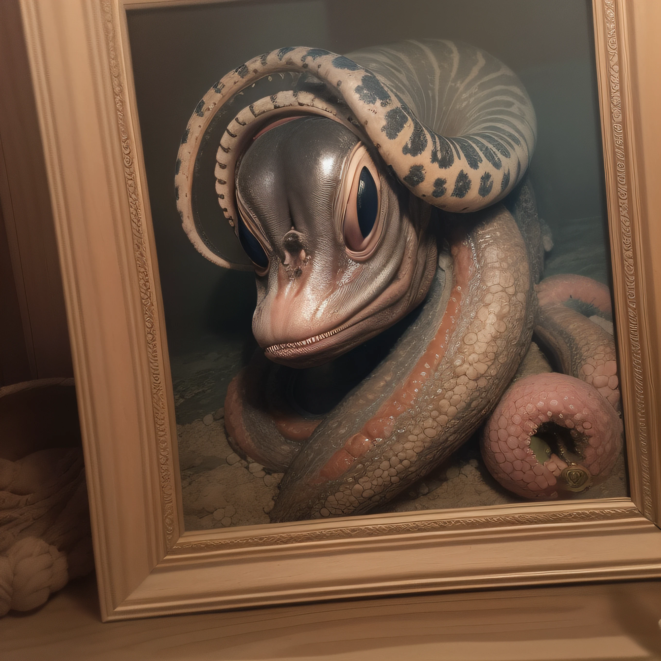 (extremadamente detallado, obra maestra, La mejor calidad), Estilo oscuro, intense illumination, rostro con arrugas, lengua larga, tentacle, deforme, monstruoso, interior de una piscina de agua verdosa, imagen submarina, alien con Colmillos finos, pico de pulpo amenazante. manchas de tinta. Rococo composition. Luz de caravaggio