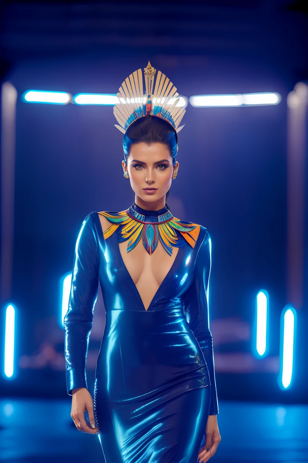 ((Retrato de cuerpo entero de Arafed Mujer con ojos azules y plumas azules en la cabeza, Retrato de mujer futurista, modelo en vestido de gala, vibrant colors, revista Vogue)), futuristic woman Karol behind UHD, aspecto futurista, Retrato futurista Model Woman, (fondo diurno ciudad futurista iluminado), Ultra HD, 8k, obra maestra