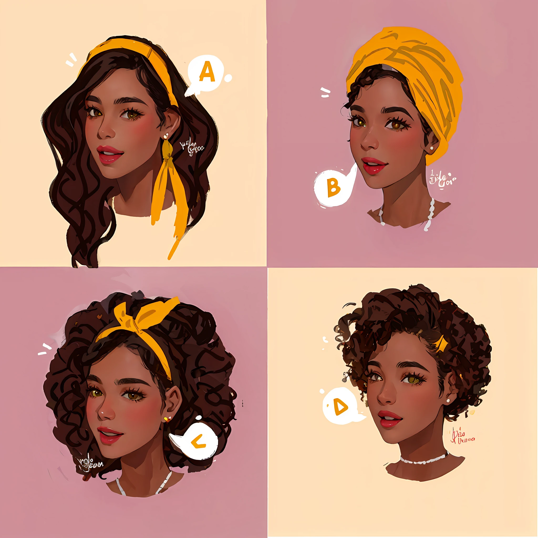 Four different illustrations of a woman smiling, feliz, with a yellow scarf on his head, penteados femininos tradicionais,