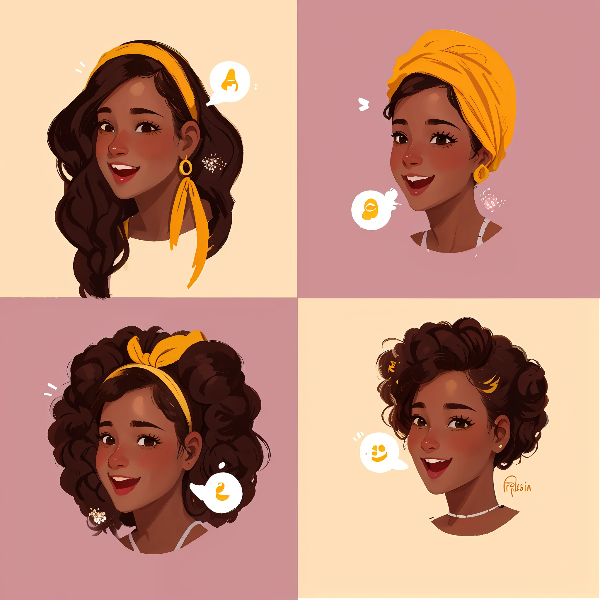 Four different illustrations of a woman smiling, feliz, with a yellow scarf on his head, penteados femininos tradicionais,