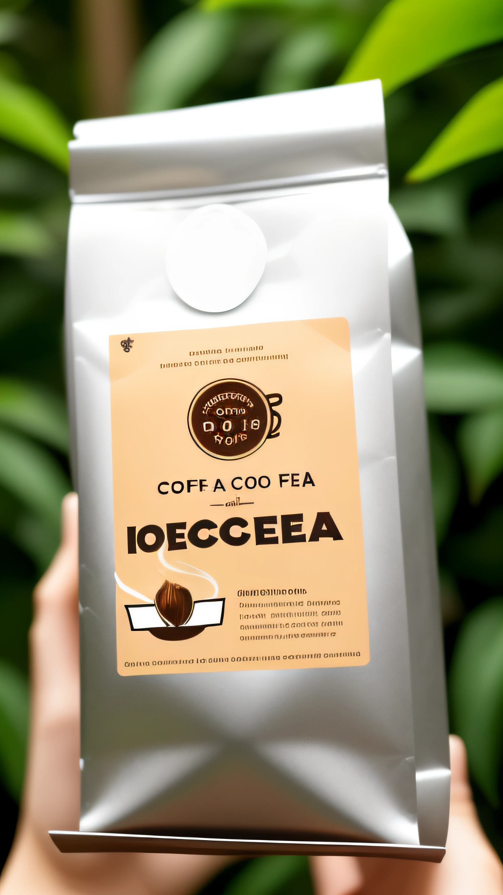 I want you to delete the closeup of a person holding a bag of coffee, and keep the coffee beans, capa do pacote e redesenhe essa imagem.