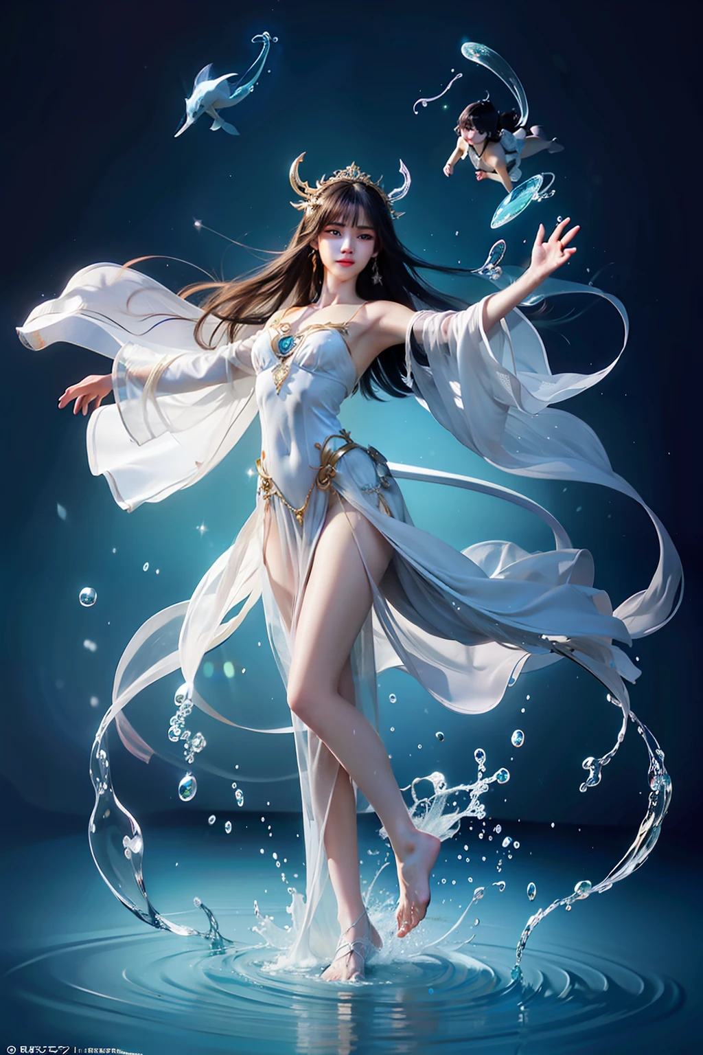 Zoom in Portrait Very beautiful water nymph swimming with dolphins Undine (Masterpiece), smiling, school of small fish, watery black Hair, (Masterpiece), Fantastic sunlight, Bubbles dancing on water, Very beautiful woman, Fantasy, Beautiful dancing pose, Fantastic coral group background, Realistic flowers and plants, Constellation-like design dress, In the water Shining black hair, Light like in a movie, Beautiful woman, Beautiful eyes, Long hair, Perfect anatomy, very pretty, princess eyes, fantastic, stylized animation, bioluminescent, life size, 32K resolution, human hands, mysterious shape, graceful, almost perfect, dynamic angles, highly detailed, figure sheet, concept art, smooth, symmetry, balanced placement, fashion pose, 20's beauty, great hair, space above head